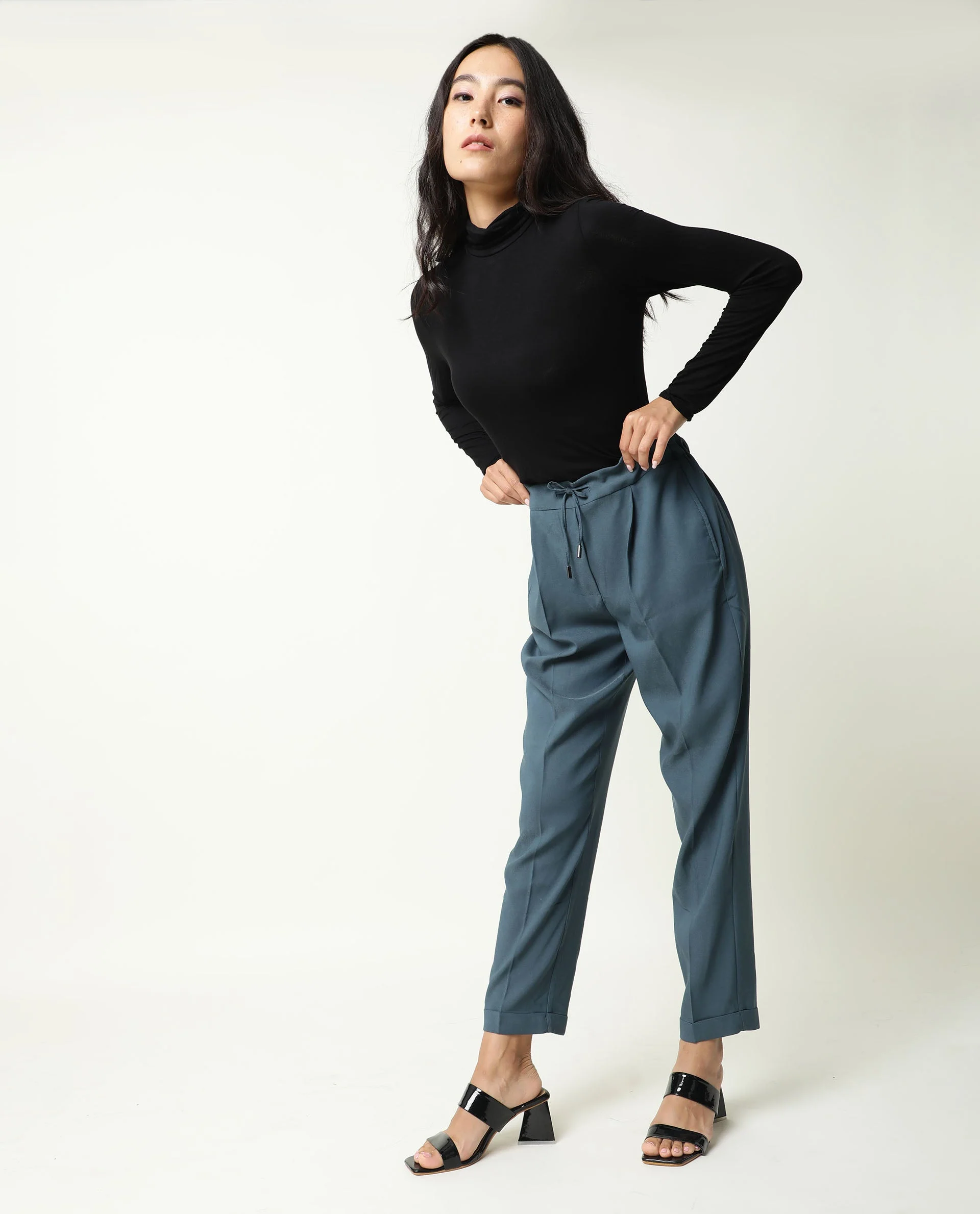 Rareism Women's Jeremiah Petrol Polyester Blend Plain Ankle Length Tailored Trouser - Image 4