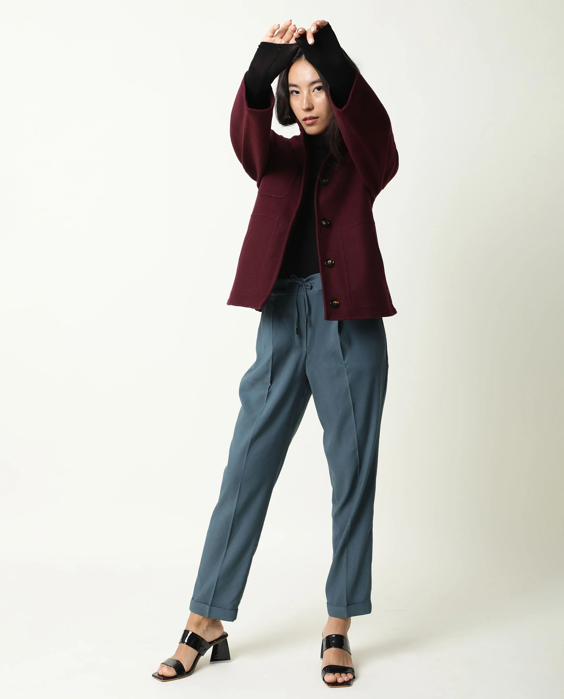 Rareism Women's Jeremiah Petrol Polyester Blend Plain Ankle Length Tailored Trouser - Image 5
