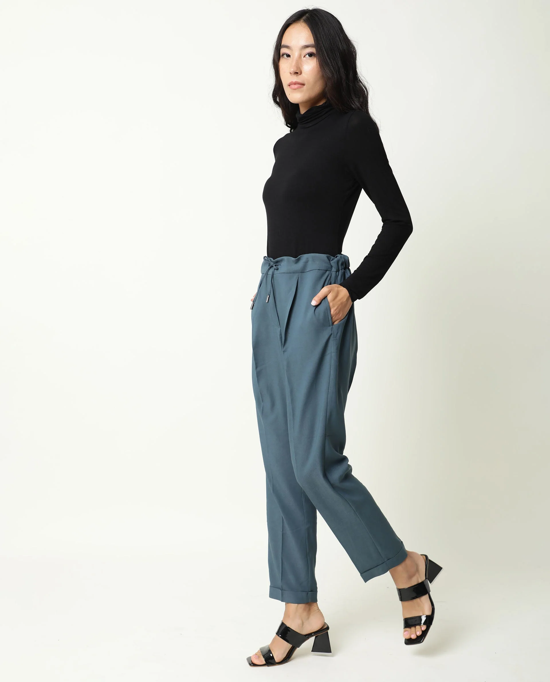 Rareism Women's Jeremiah Petrol Polyester Blend Plain Ankle Length Tailored Trouser - Image 8