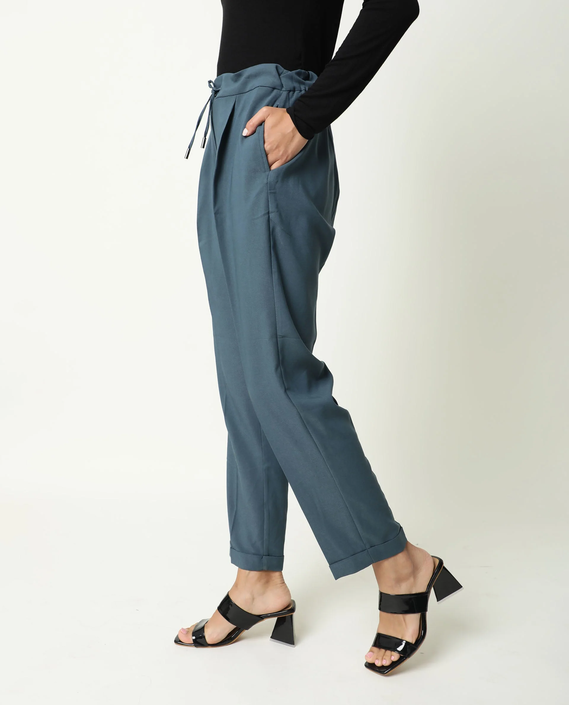 Rareism Women's Jeremiah Petrol Polyester Blend Plain Ankle Length Tailored Trouser - Image 9