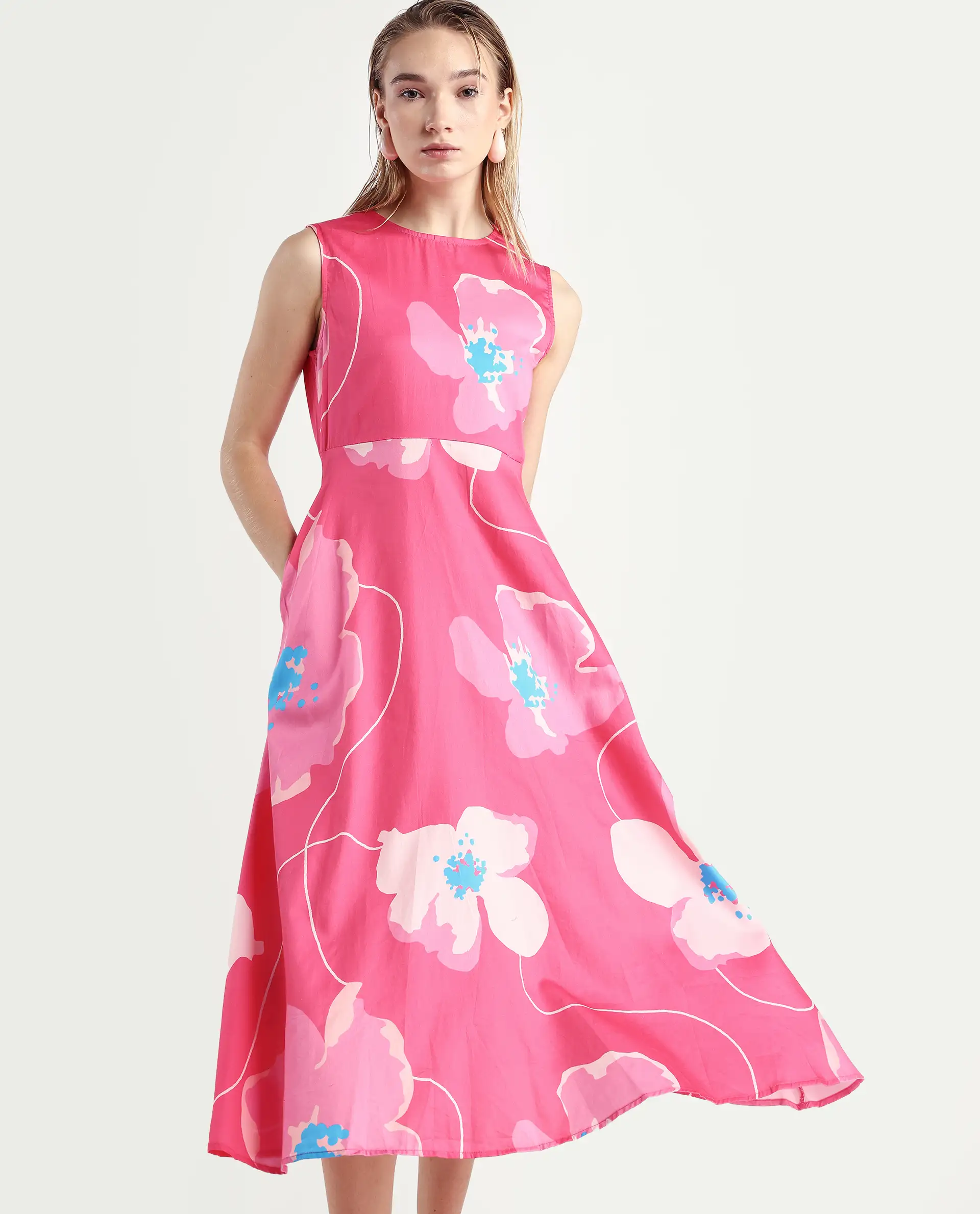 Rareism Women's Jerile Flouroscent Pink Crew Neck Floral Print Sleeveless Maxi Fit And Flare Dress - Image 2