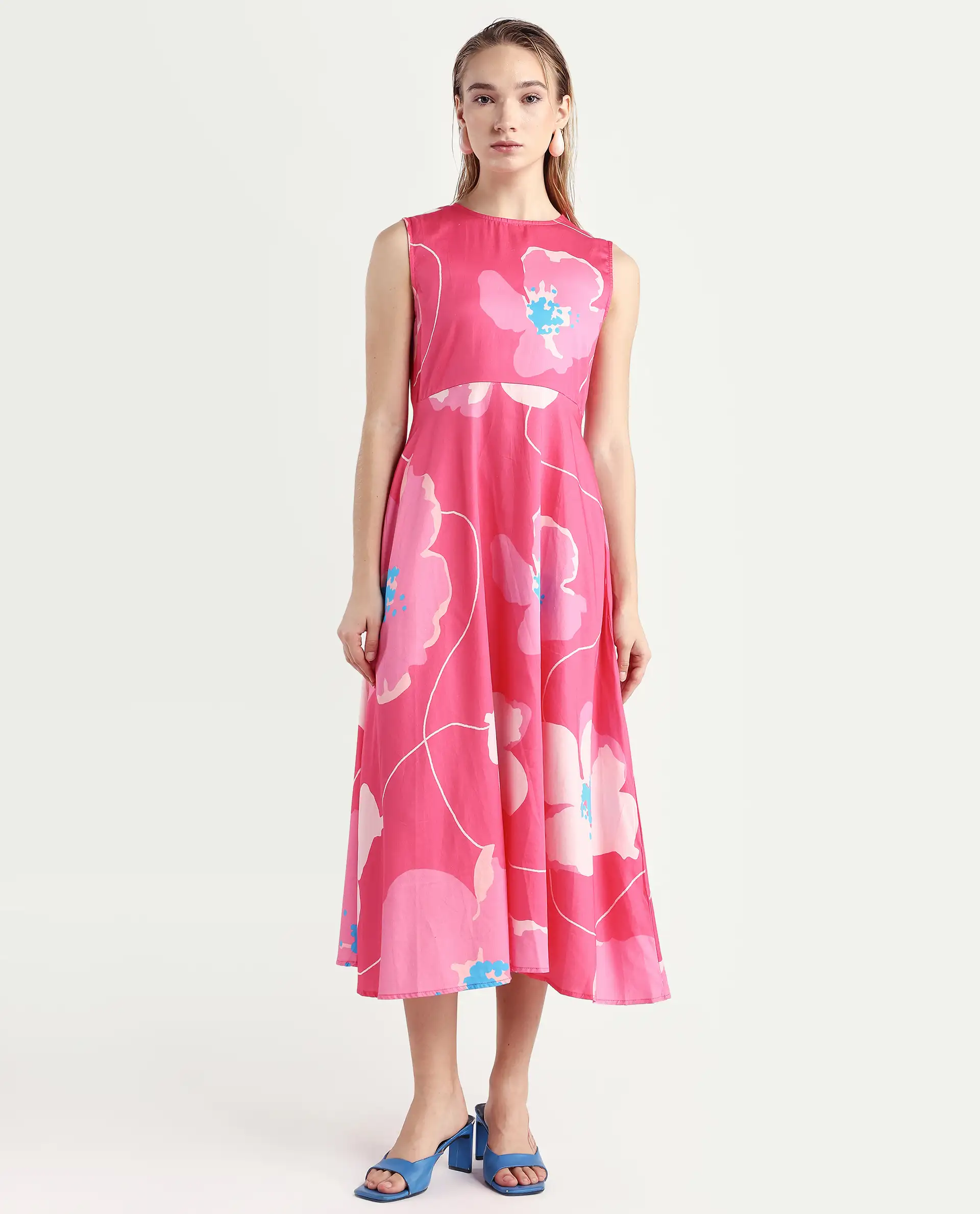 Rareism Women's Jerile Flouroscent Pink Crew Neck Floral Print Sleeveless Maxi Fit And Flare Dress - Image 3