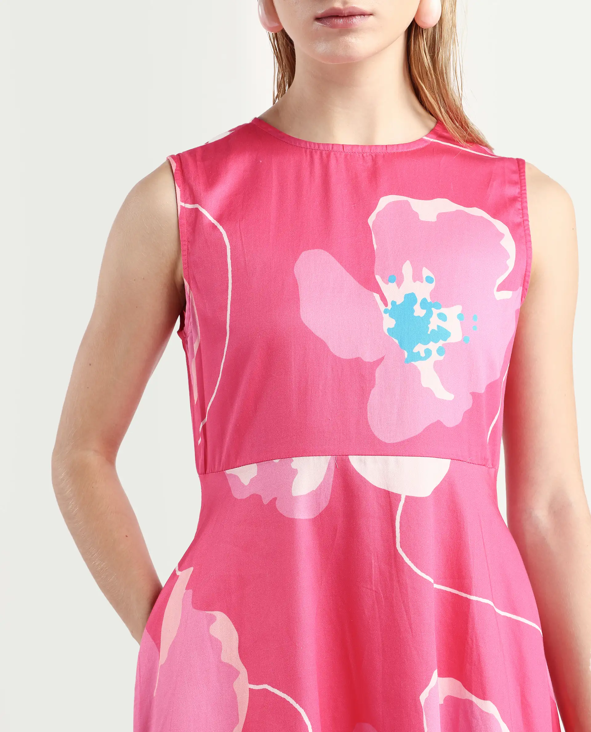 Rareism Women's Jerile Flouroscent Pink Crew Neck Floral Print Sleeveless Maxi Fit And Flare Dress - Image 4