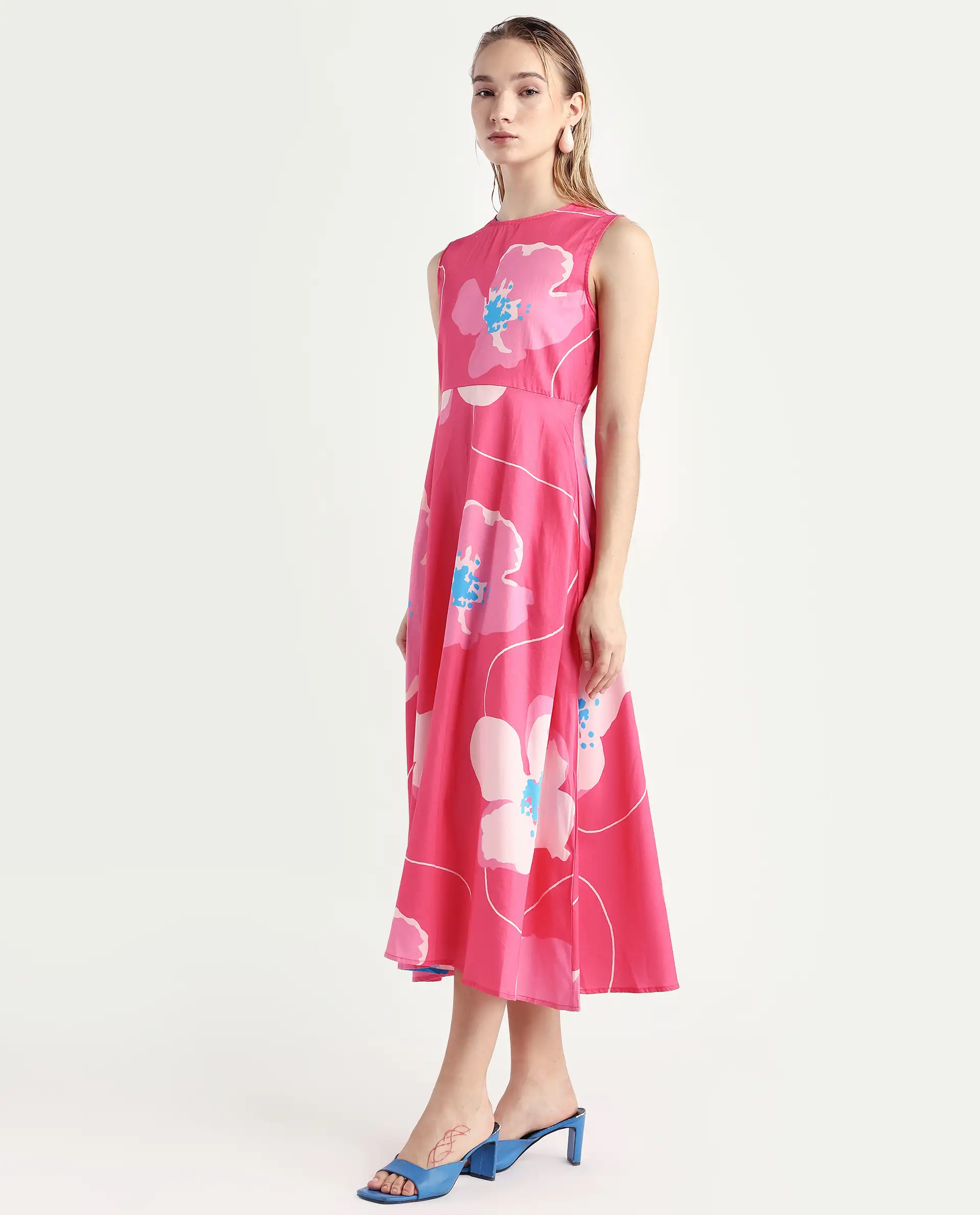 Rareism Women's Jerile Flouroscent Pink Crew Neck Floral Print Sleeveless Maxi Fit And Flare Dress - Image 5
