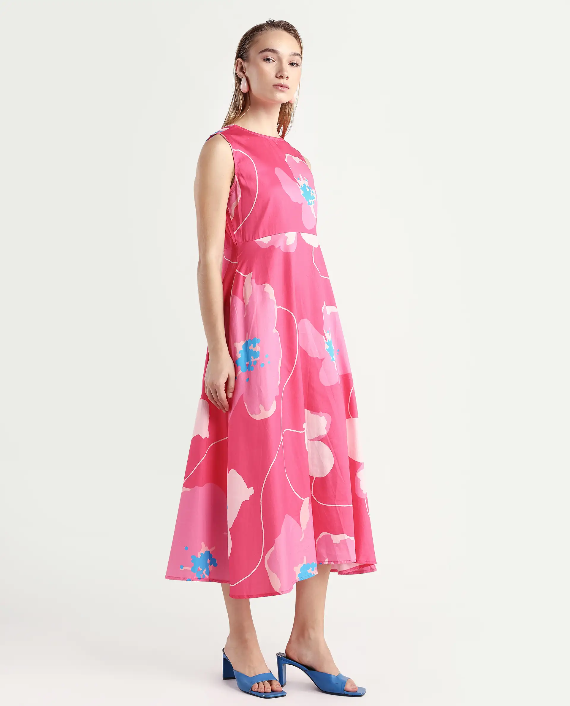 Rareism Women's Jerile Flouroscent Pink Crew Neck Floral Print Sleeveless Maxi Fit And Flare Dress - Image 6