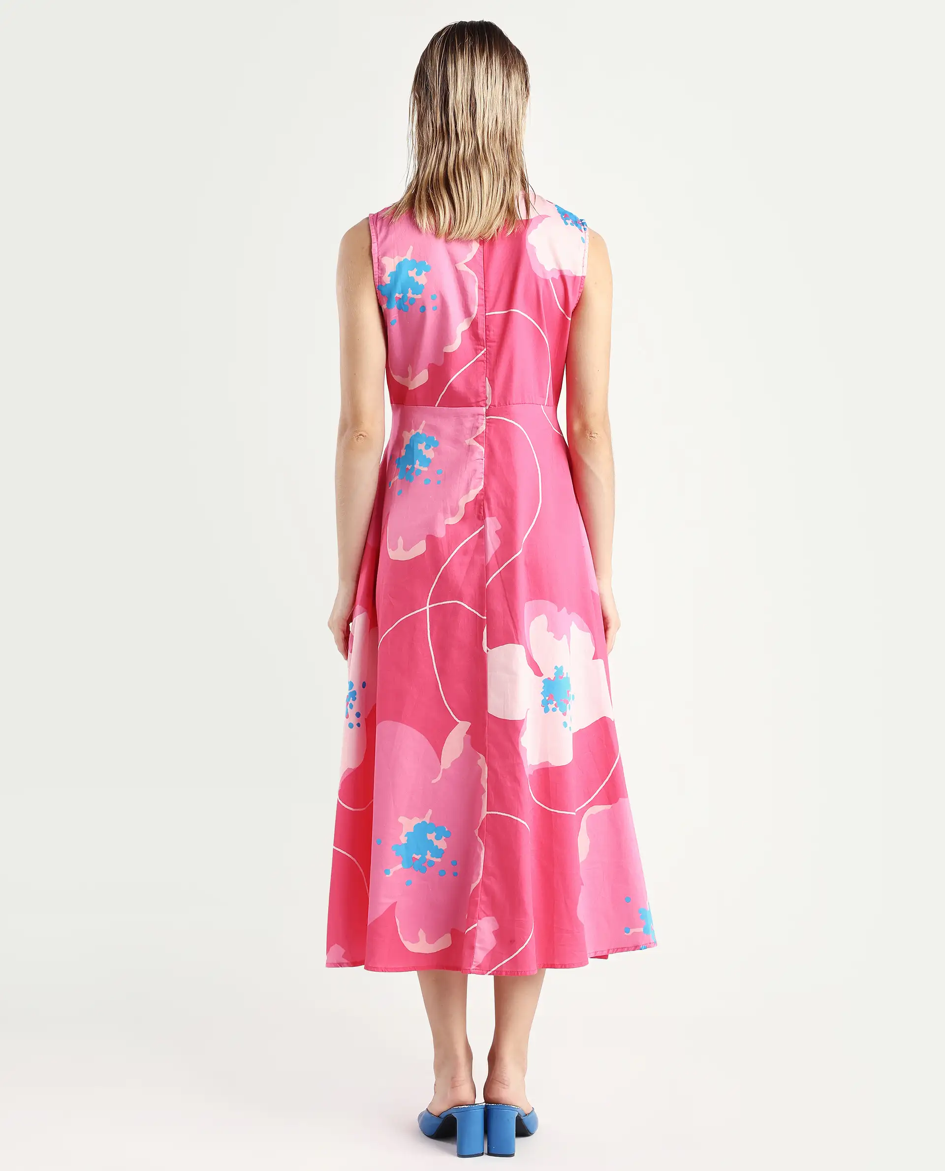 Rareism Women's Jerile Flouroscent Pink Crew Neck Floral Print Sleeveless Maxi Fit And Flare Dress - Image 7