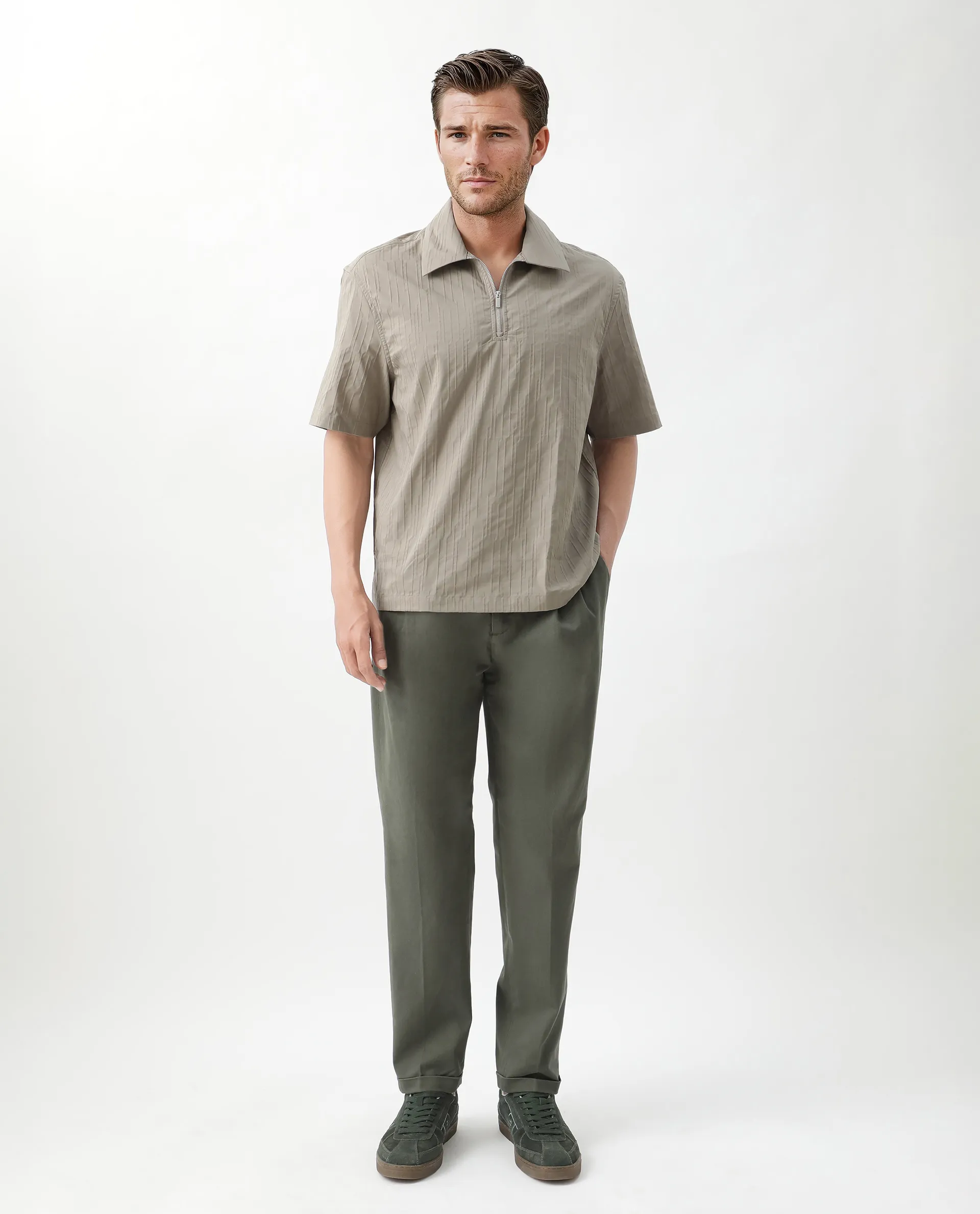 Rare Rabbit Men's Jern Dusky Grey Cotton Striped Print Relaxed Fit Half Sleeve Collared Shirt - Image 2