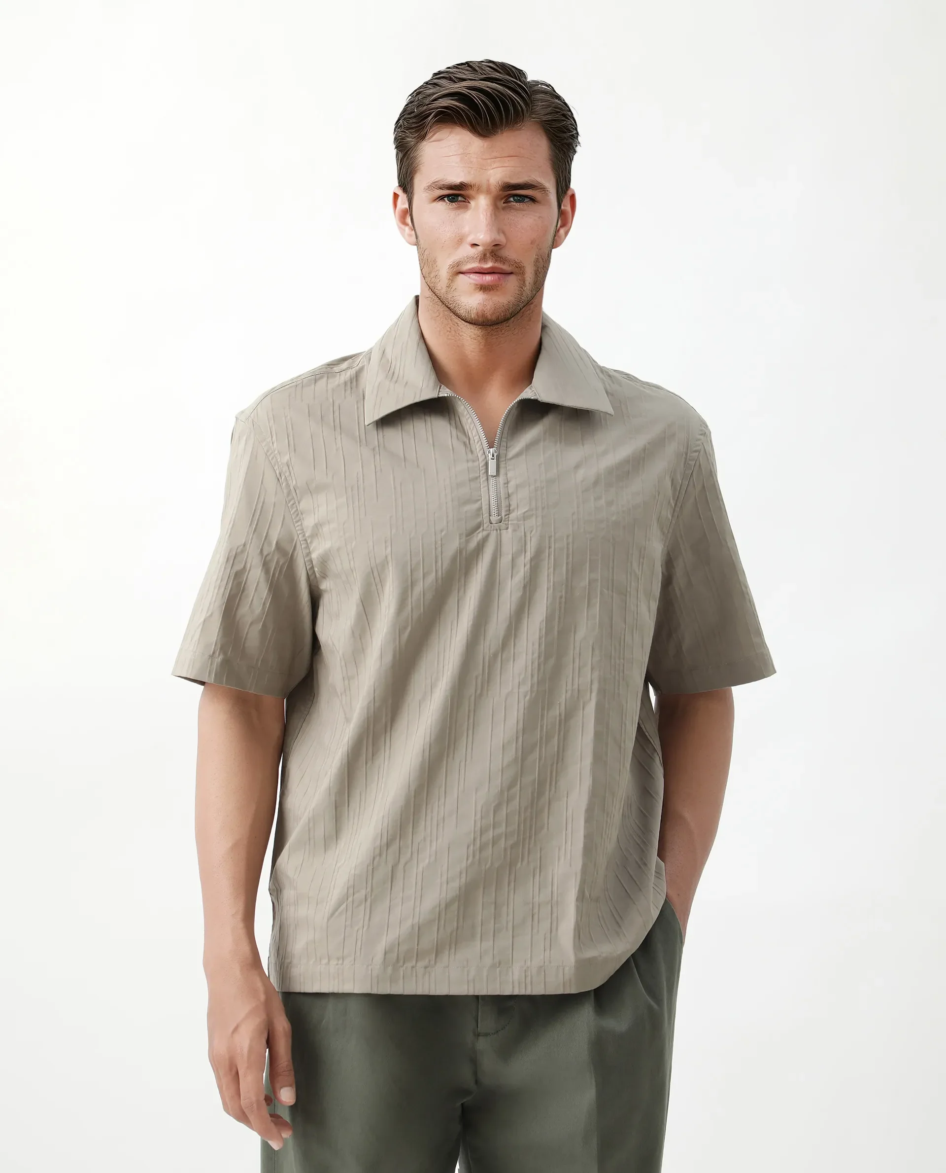 Rare Rabbit Men's Jern Dusky Grey Cotton Striped Print Relaxed Fit Half Sleeve Collared Shirt - Image 3