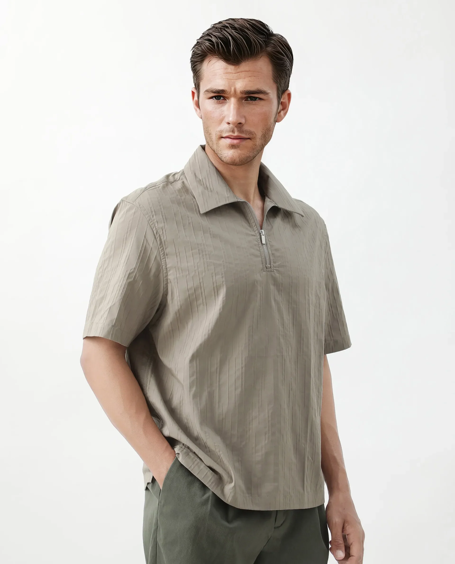 Rare Rabbit Men's Jern Dusky Grey Cotton Striped Print Relaxed Fit Half Sleeve Collared Shirt - Image 5