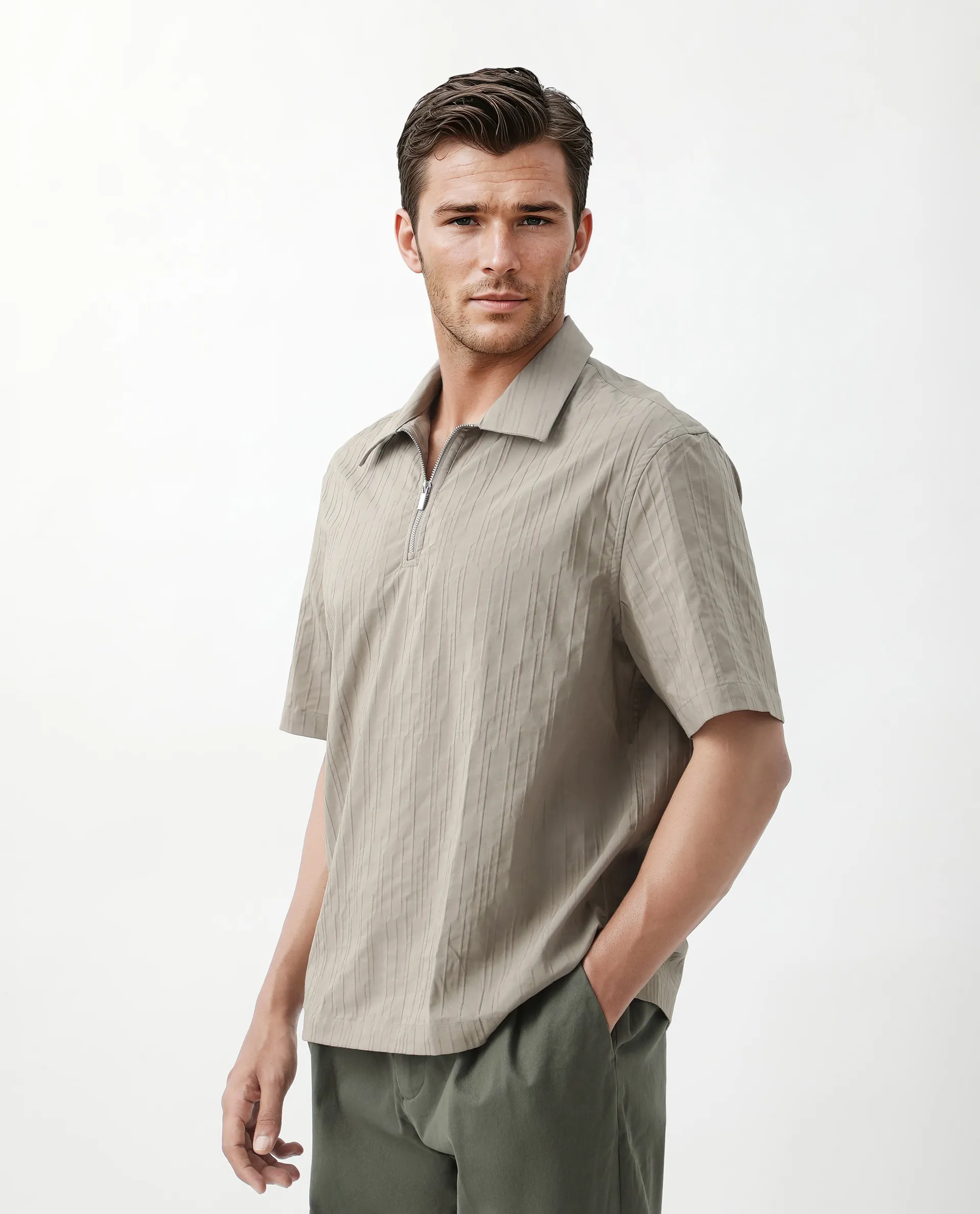 Rare Rabbit Men's Jern Dusky Grey Cotton Striped Print Relaxed Fit Half Sleeve Collared Shirt - Image 7