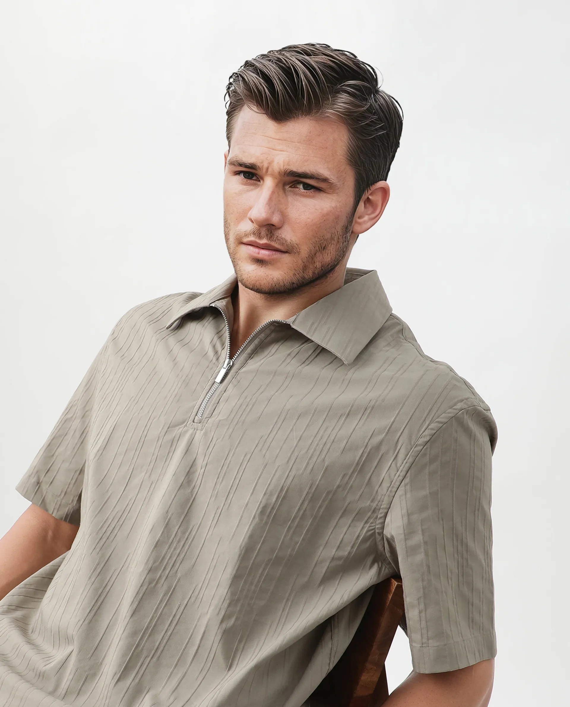 Rare Rabbit Men's Jern Dusky Grey Cotton Striped Print Relaxed Fit Half Sleeve Collared Shirt - Image 8