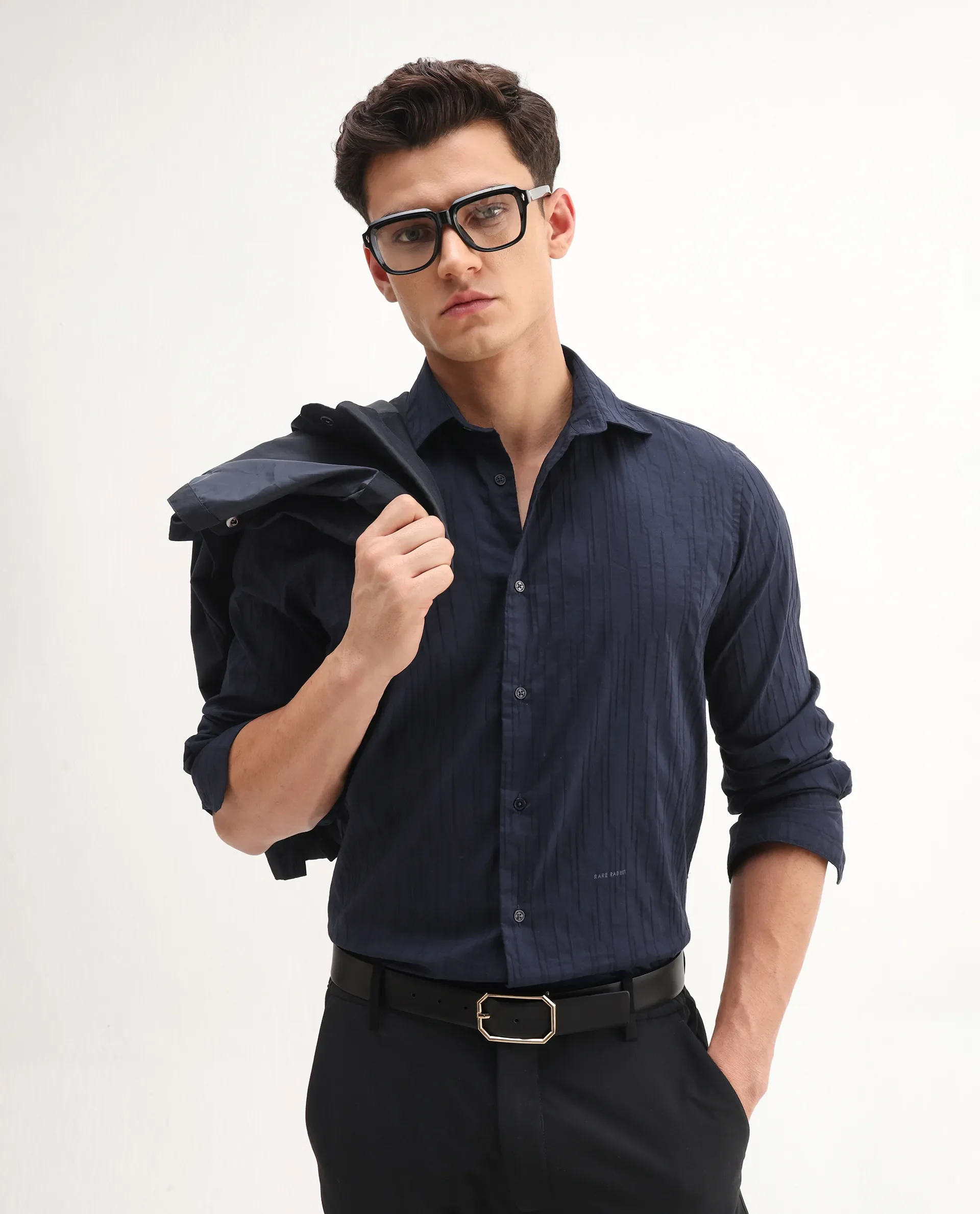 Rare Rabbit Men's Jerna-B Navy Cotton Blend Striped Print Regular Fit Half Sleeve Collared Shirt