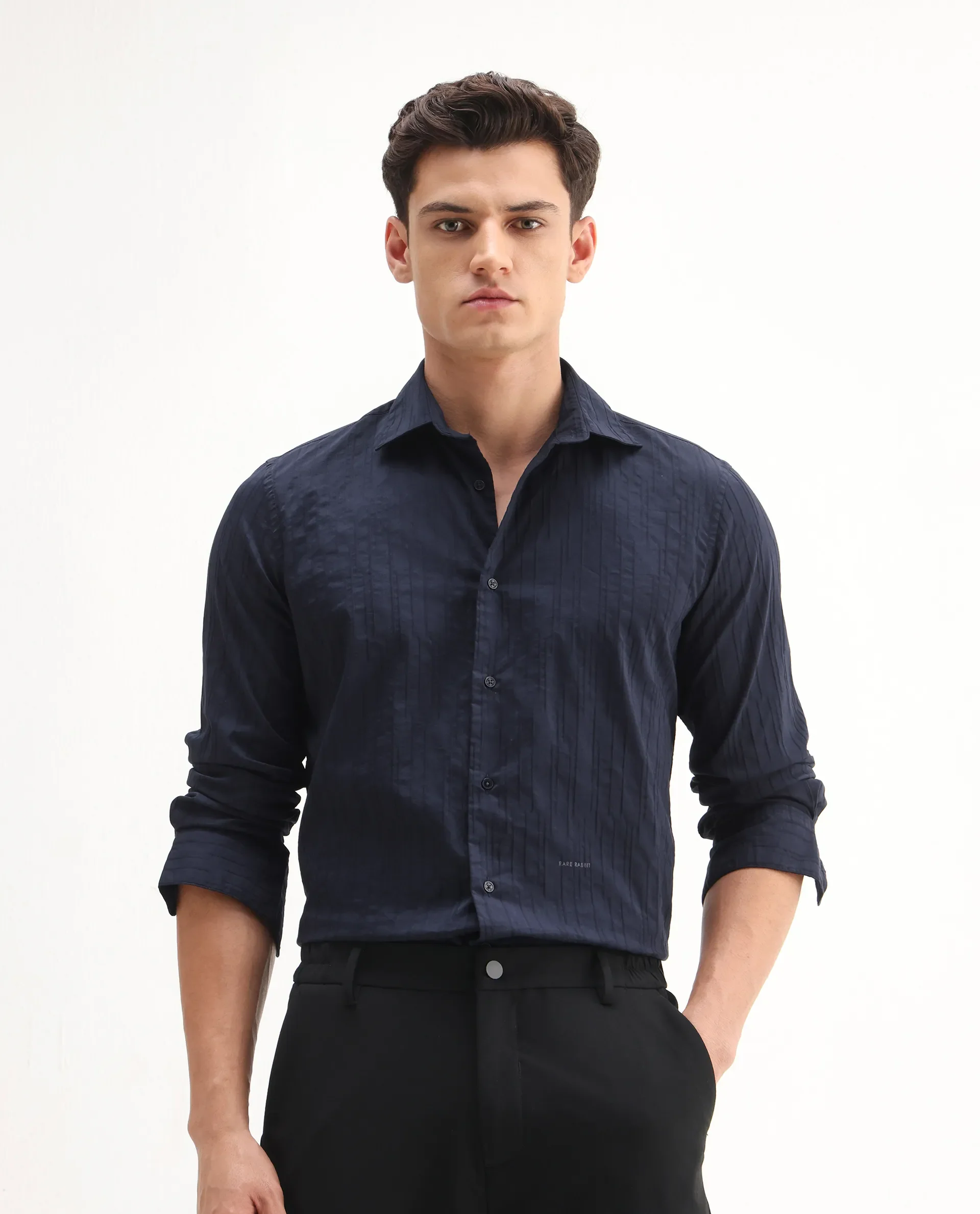 Rare Rabbit Men's Jerna-B Navy Cotton Blend Striped Print Regular Fit Half Sleeve Collared Shirt - Image 3