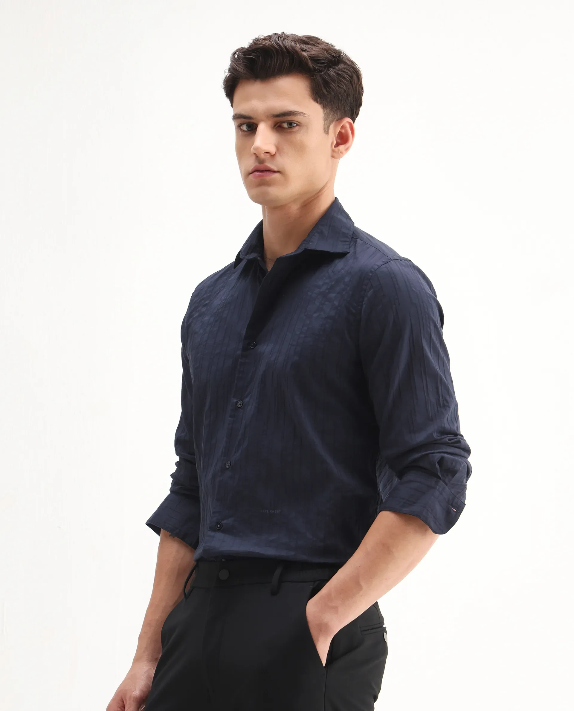 Rare Rabbit Men's Jerna-B Navy Cotton Blend Striped Print Regular Fit Half Sleeve Collared Shirt - Image 4