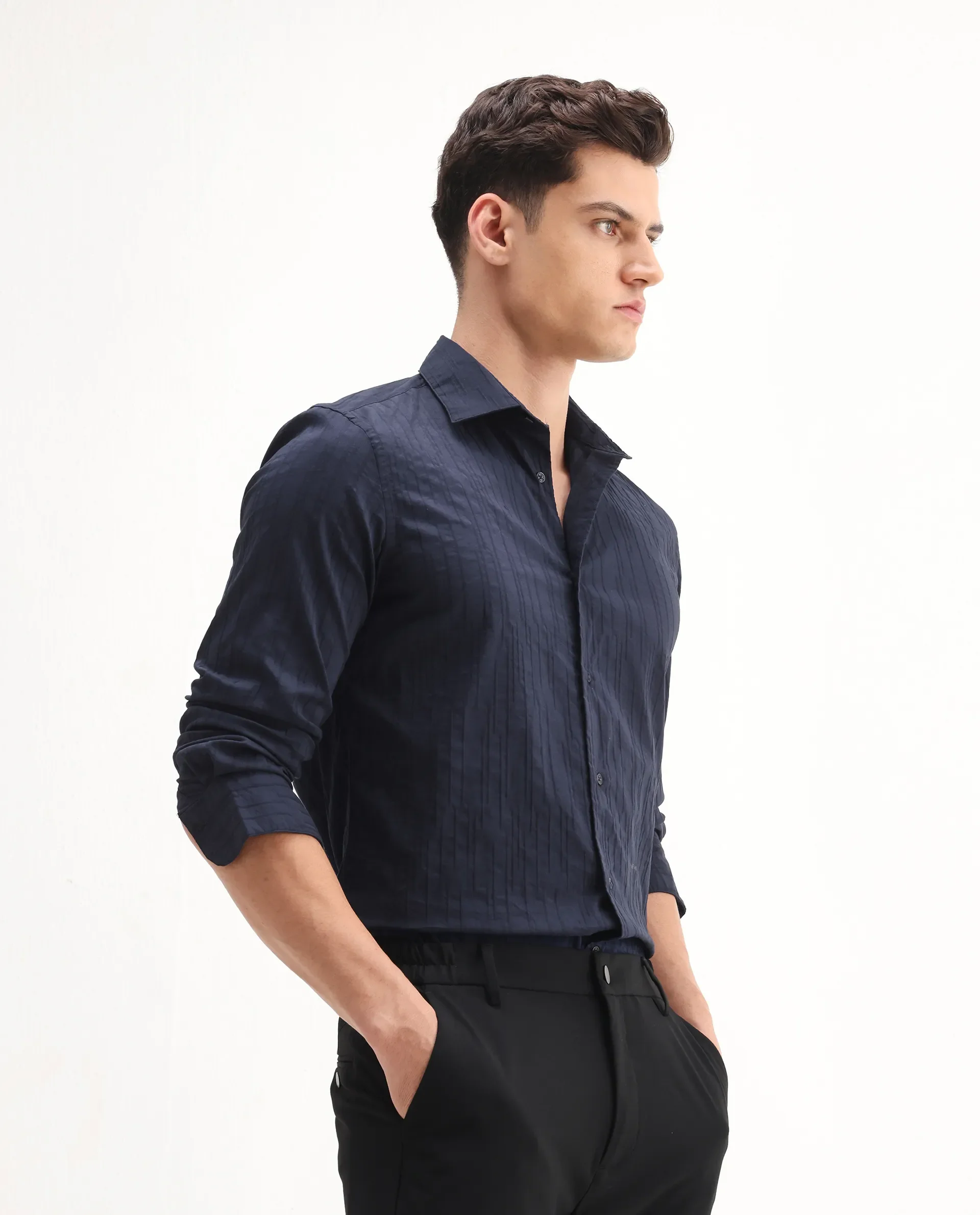 Rare Rabbit Men's Jerna-B Navy Cotton Blend Striped Print Regular Fit Half Sleeve Collared Shirt - Image 5