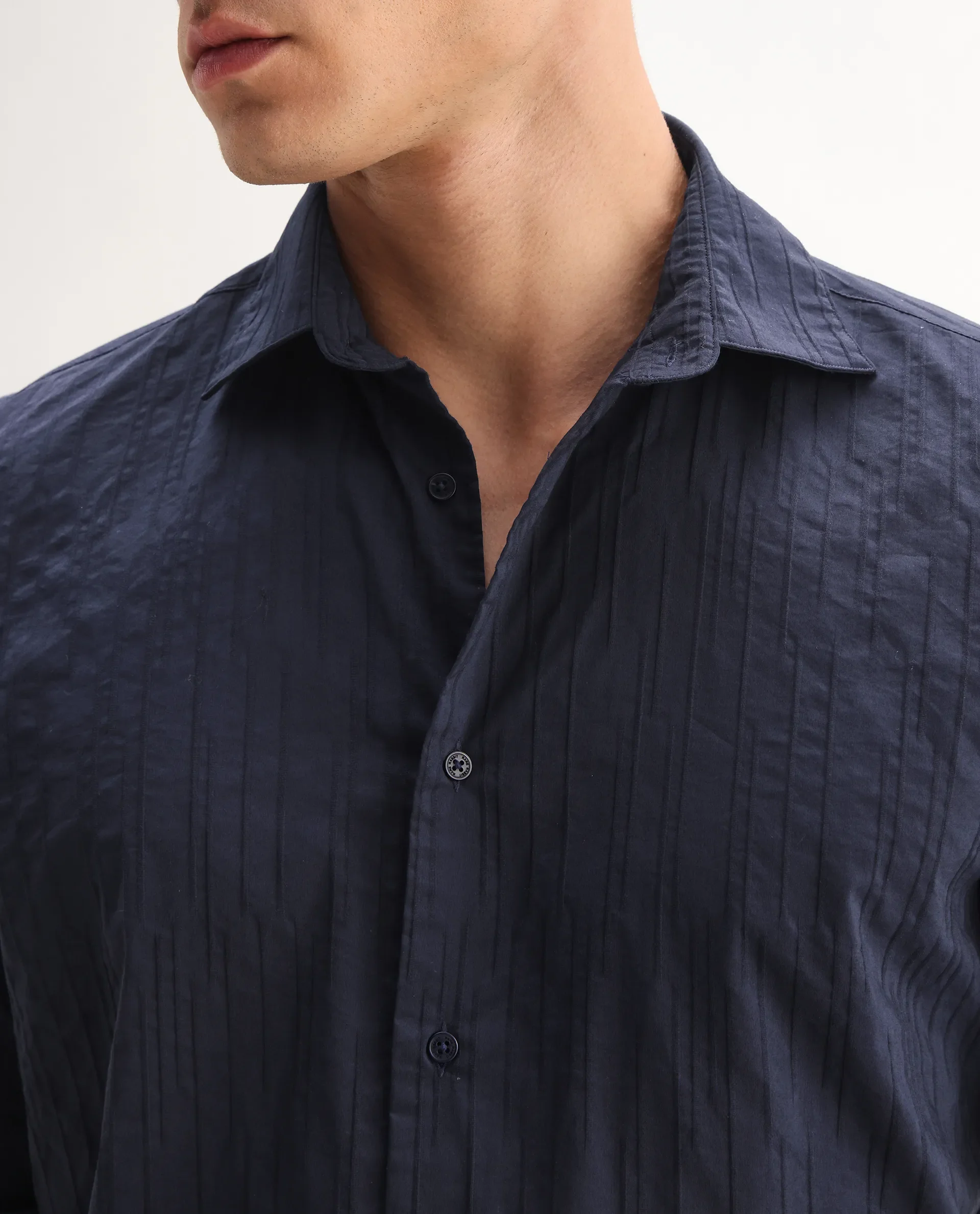Rare Rabbit Men's Jerna-B Navy Cotton Blend Striped Print Regular Fit Half Sleeve Collared Shirt - Image 6