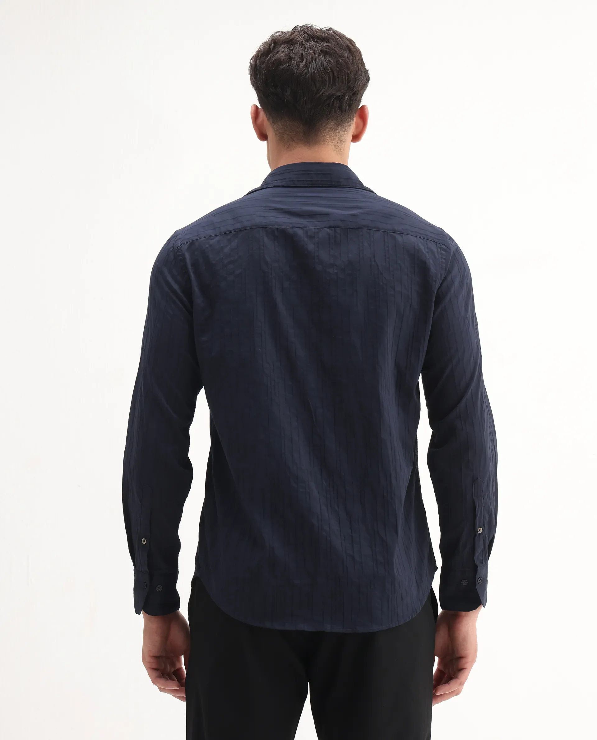 Rare Rabbit Men's Jerna-B Navy Cotton Blend Striped Print Regular Fit Half Sleeve Collared Shirt - Image 7