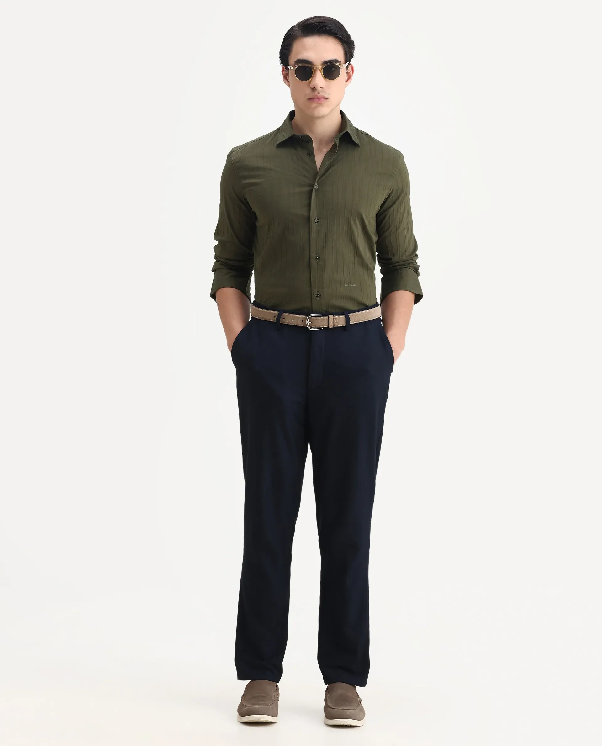 Rare Rabbit Men's Jerna-B Olive Cotton Blend Striped Print Regular Fit Full Sleeve Collared Shirt - Image 2