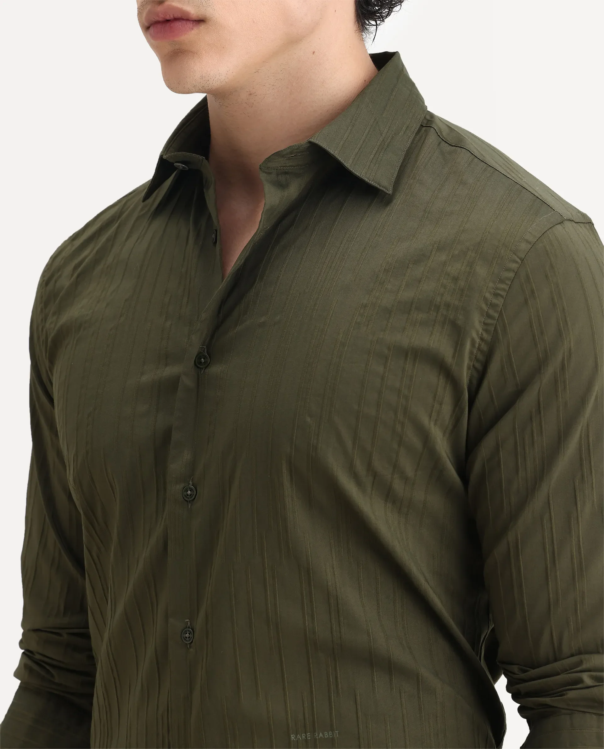 Rare Rabbit Men's Jerna-B Olive Cotton Blend Striped Print Regular Fit Full Sleeve Collared Shirt - Image 3