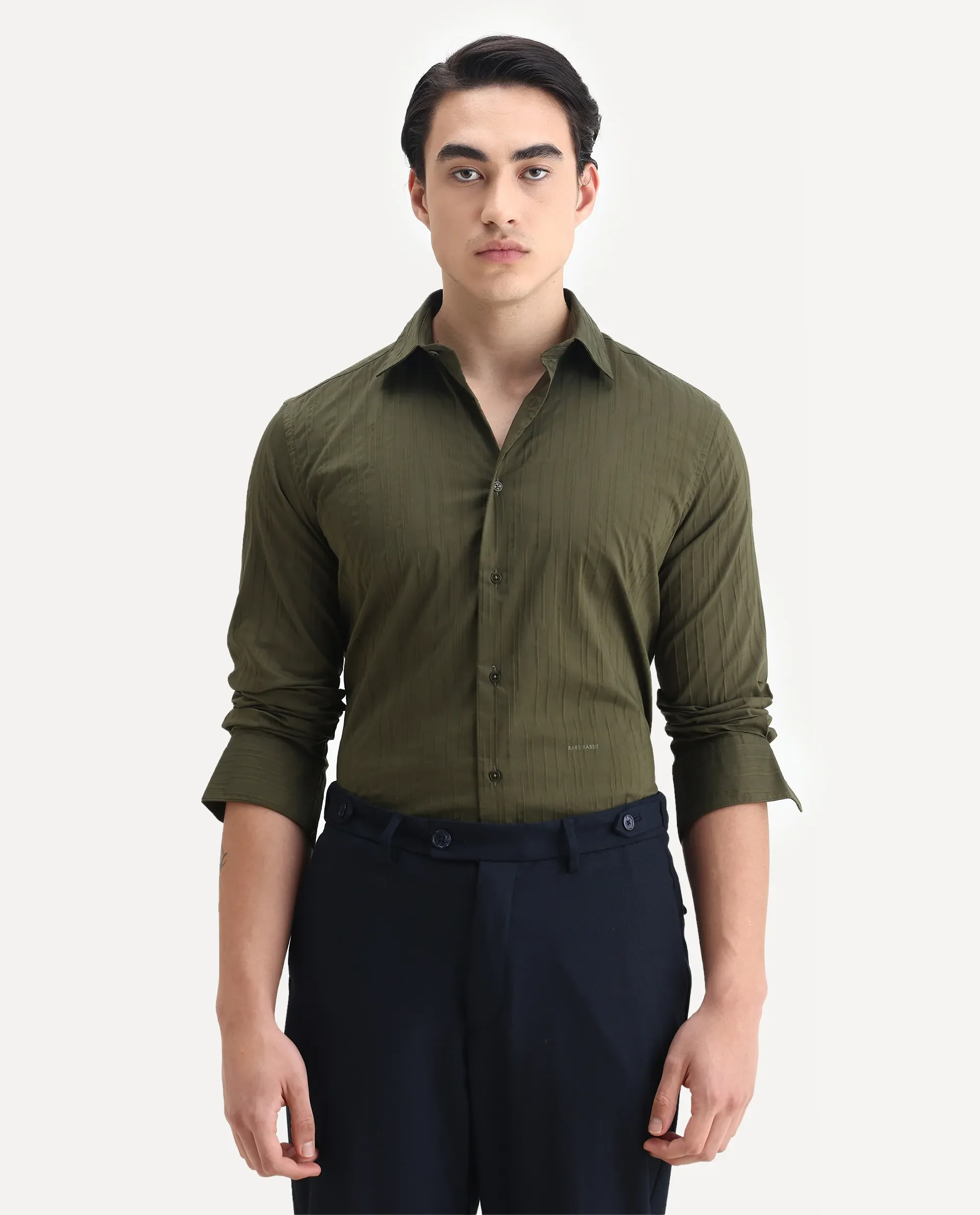 Rare Rabbit Men's Jerna-B Olive Cotton Blend Striped Print Regular Fit Full Sleeve Collared Shirt - Image 4