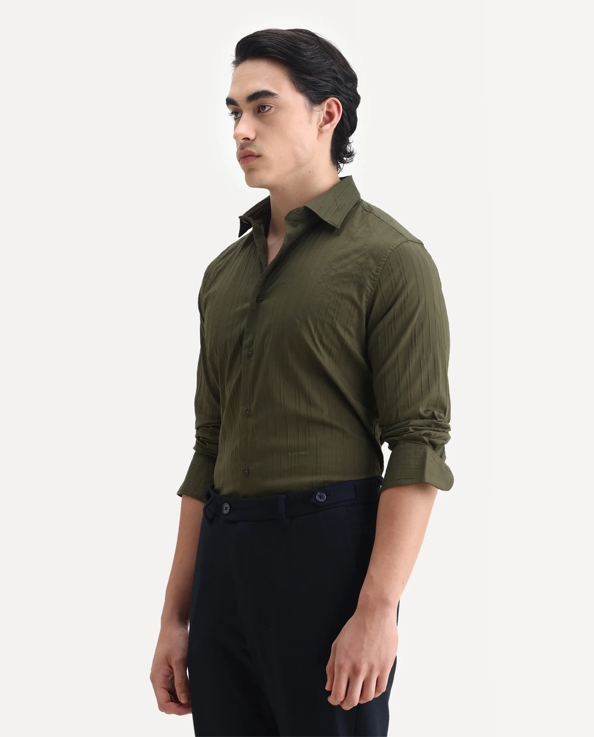 Rare Rabbit Men's Jerna-B Olive Cotton Blend Striped Print Regular Fit Full Sleeve Collared Shirt - Image 5