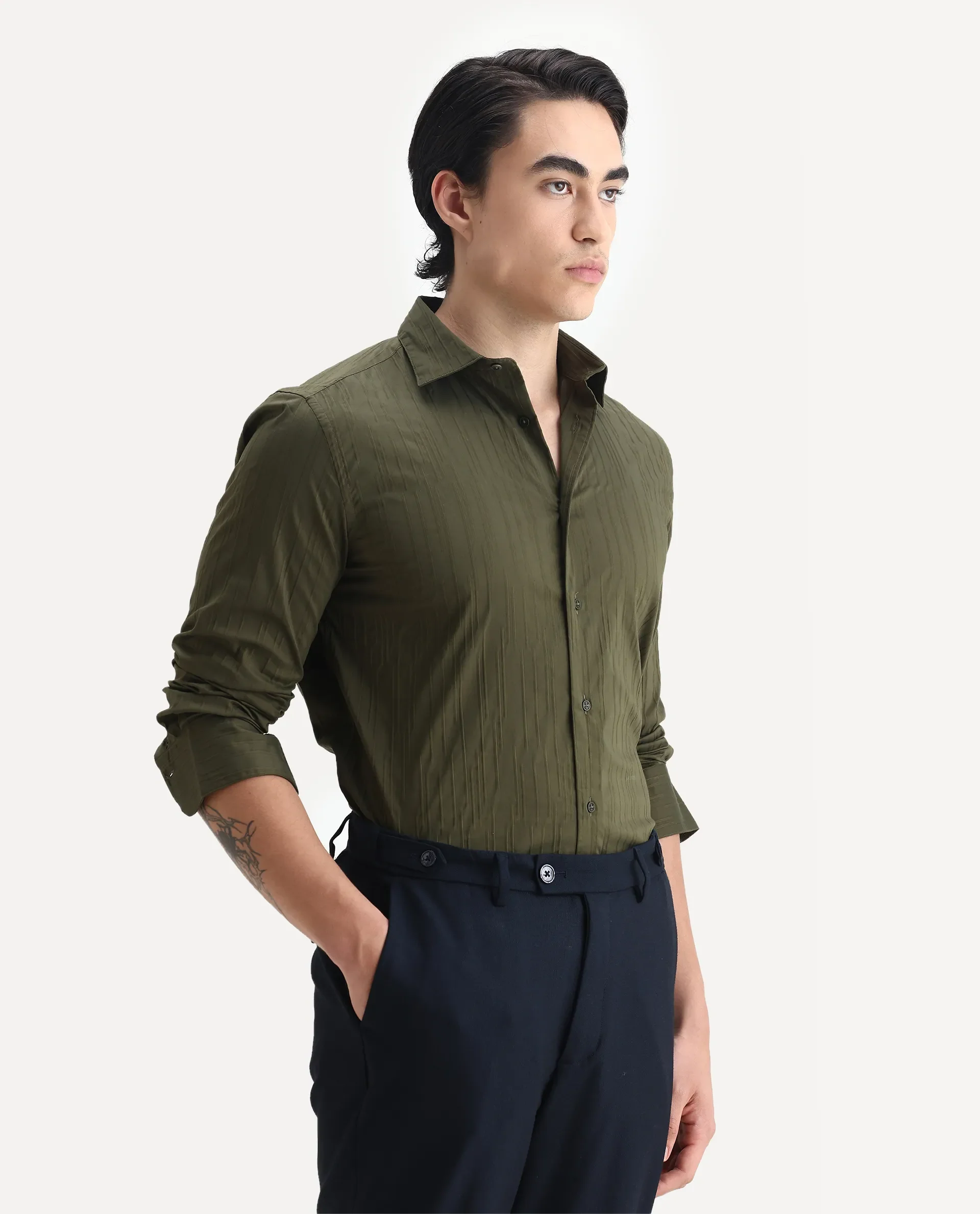 Rare Rabbit Men's Jerna-B Olive Cotton Blend Striped Print Regular Fit Full Sleeve Collared Shirt - Image 6