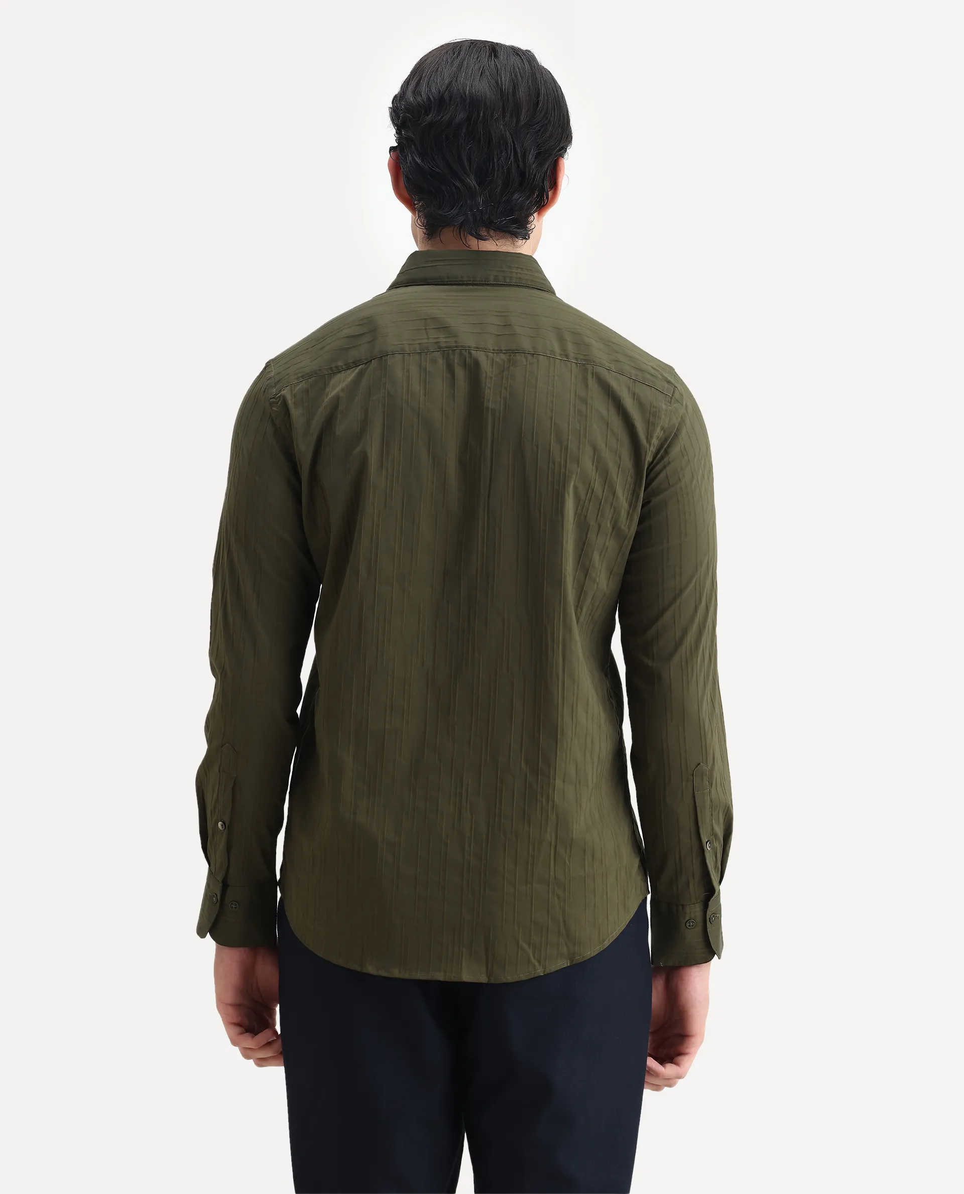 Rare Rabbit Men's Jerna-B Olive Cotton Blend Striped Print Regular Fit Full Sleeve Collared Shirt - Image 7
