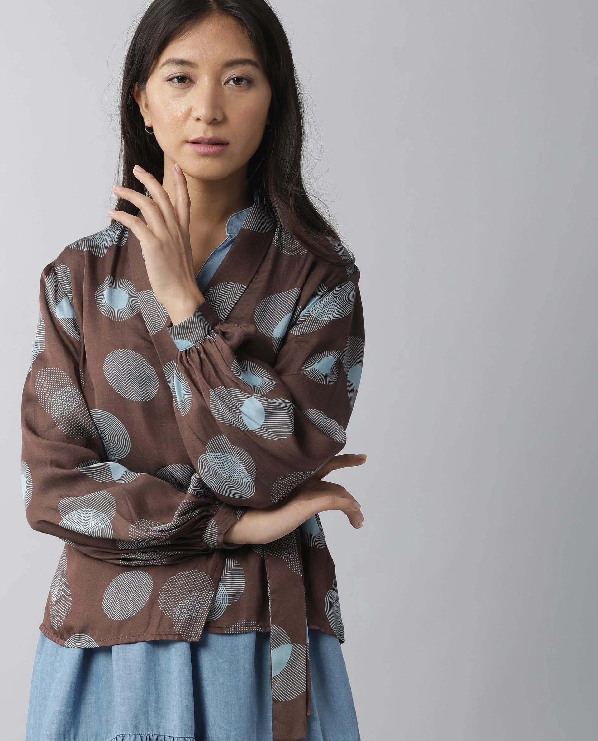 Rareism Womens Jerry Brown Top Stripes Full Sleeve Wrap Top - Image 5