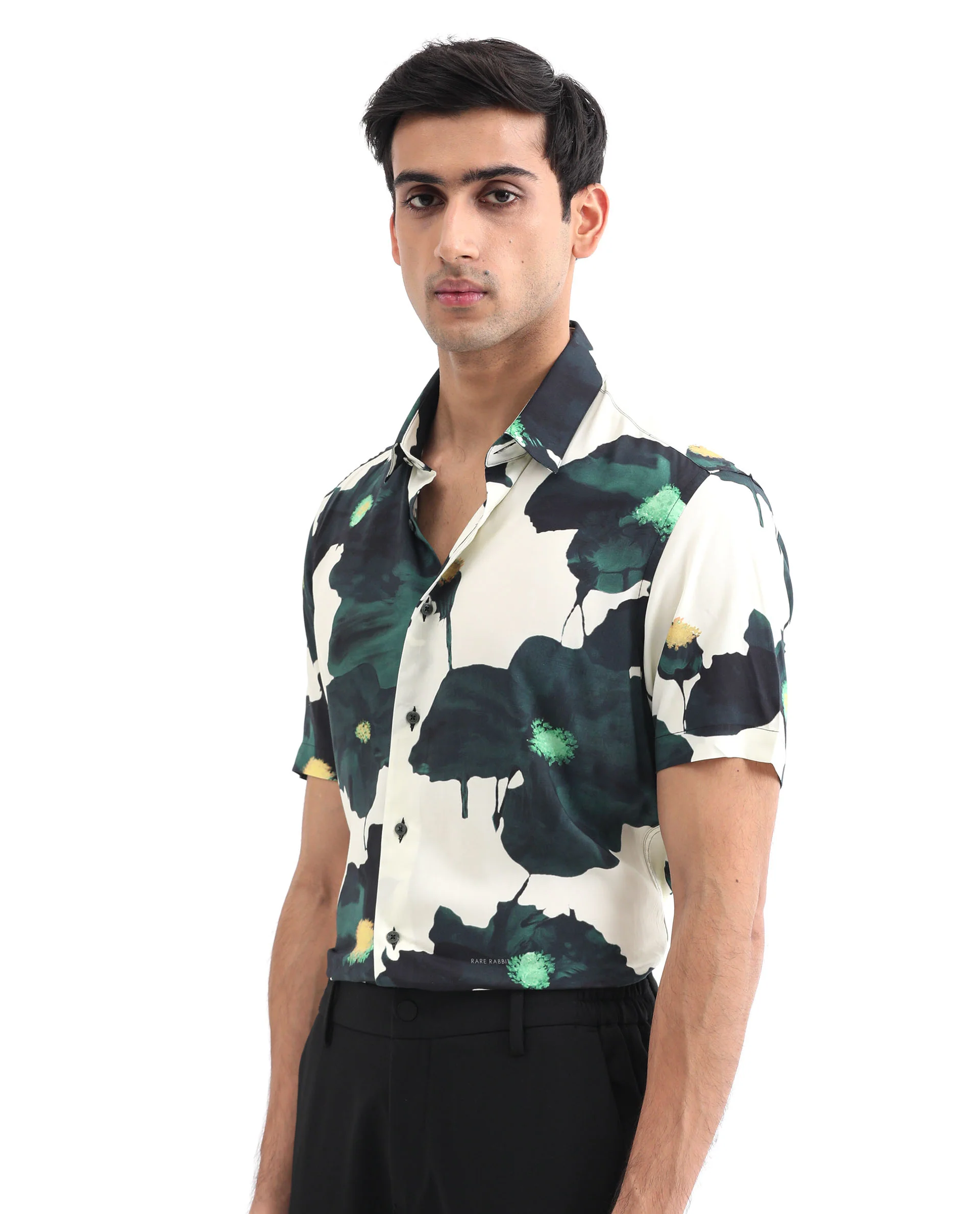 Rare Rabbit Men's Jersey Green Viscose Floral Print Regular Fit Half Sleeve Collared Shirt - Image 3