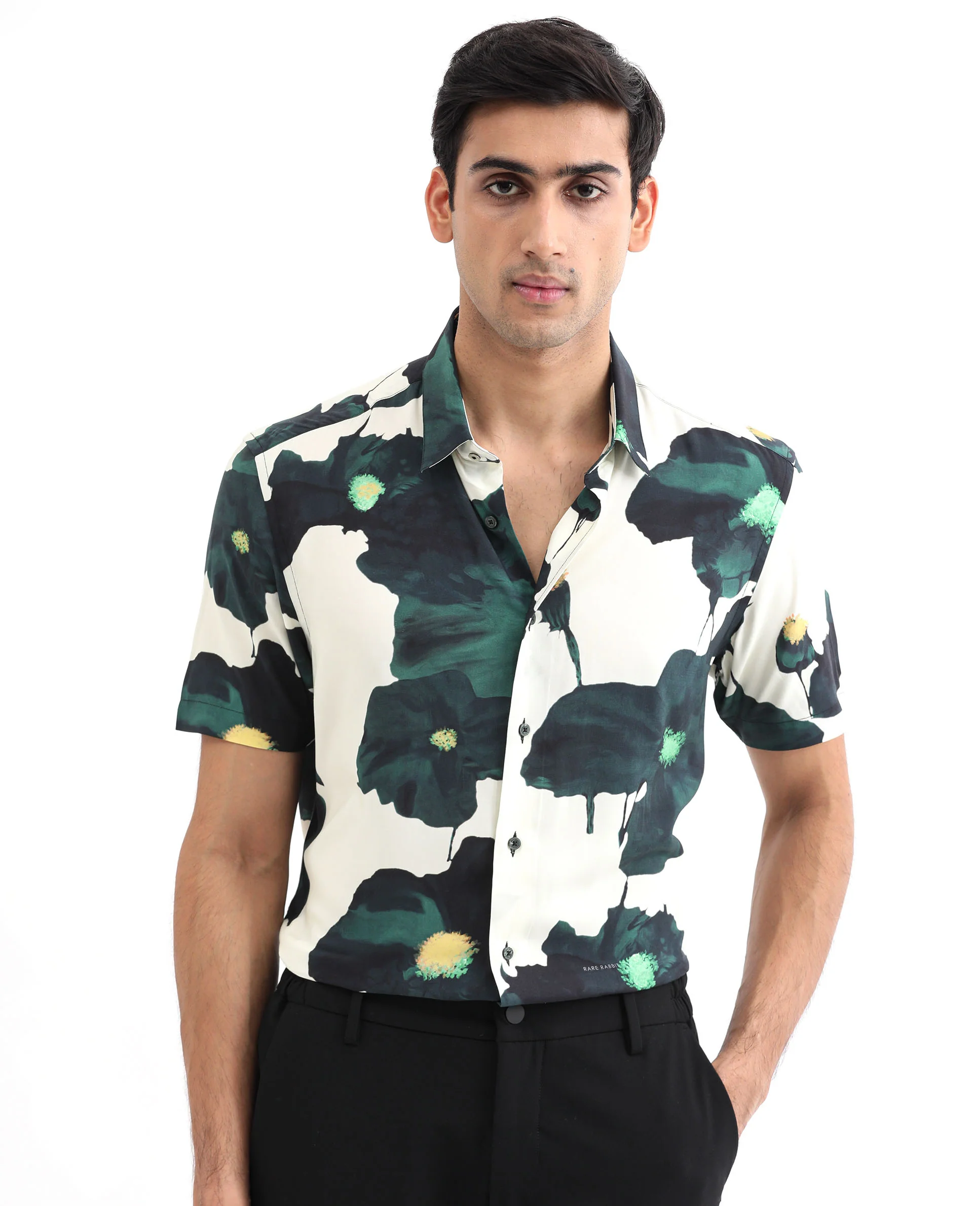 Rare Rabbit Men's Jersey Green Viscose Floral Print Regular Fit Half Sleeve Collared Shirt - Image 4