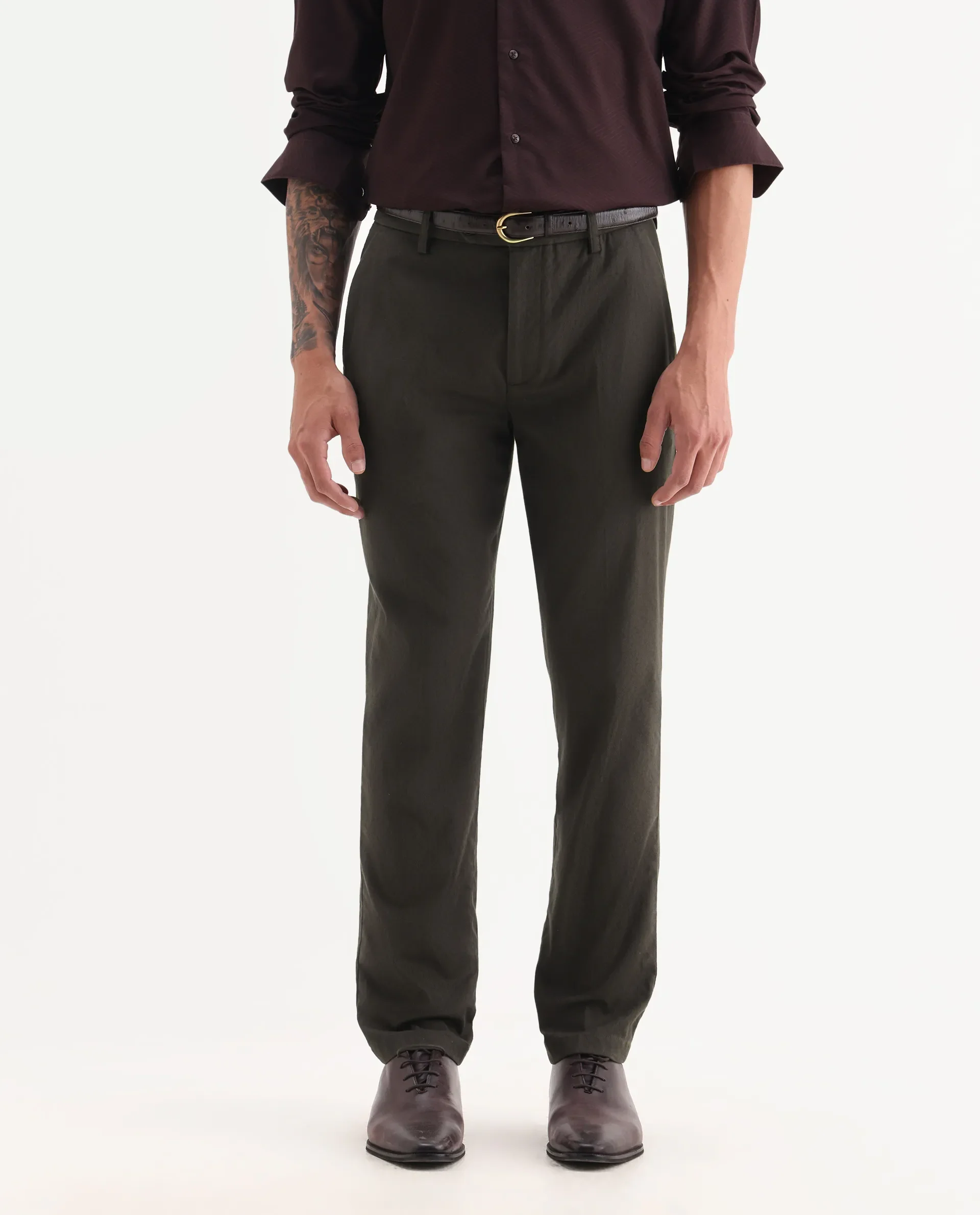 Rare Rabbit Men Jes-Aw25 Dark Olive Cotton Fabric Button Closure Plain Trouser - Image 2