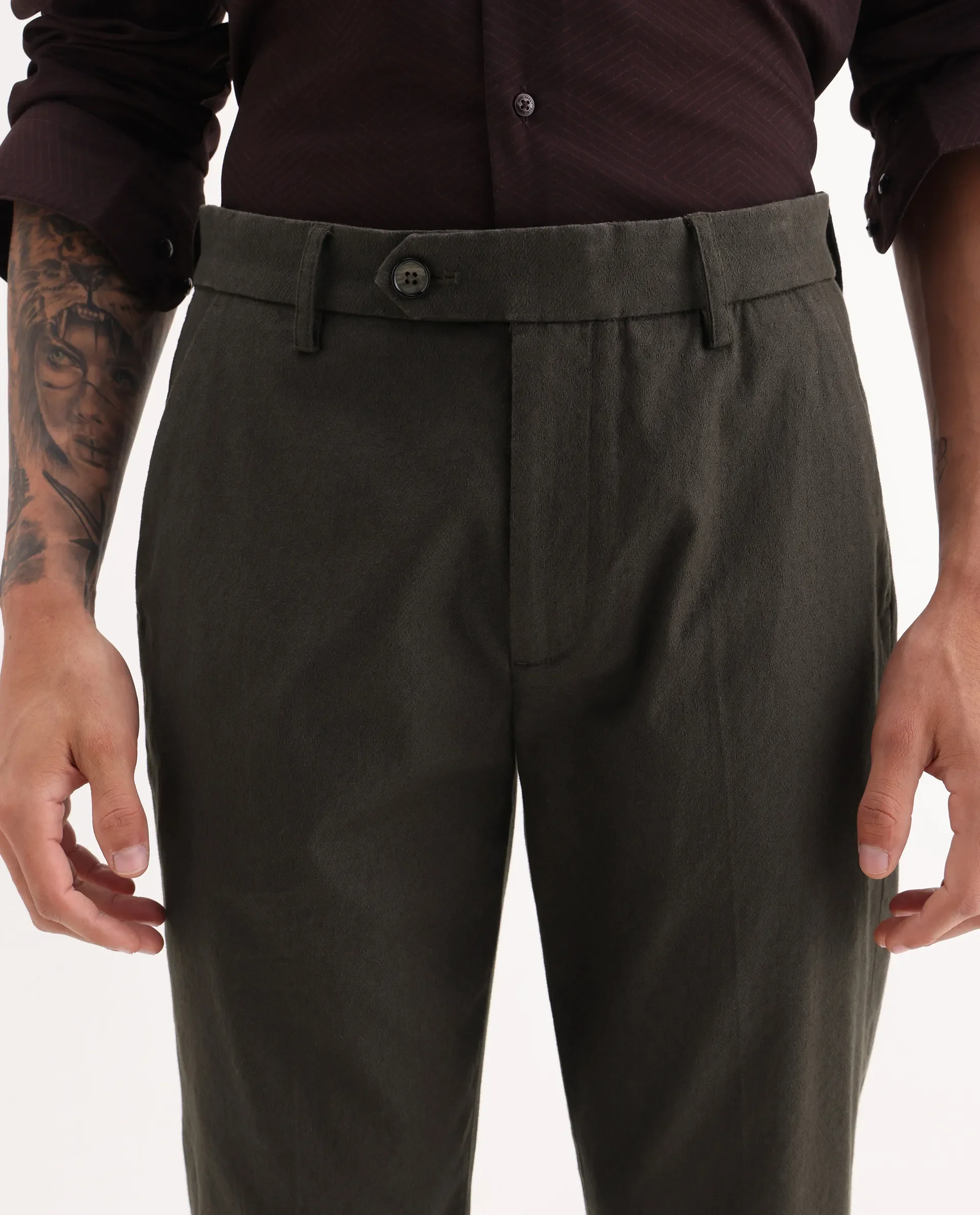 Rare Rabbit Men Jes-Aw25 Dark Olive Cotton Fabric Button Closure Plain Trouser - Image 3