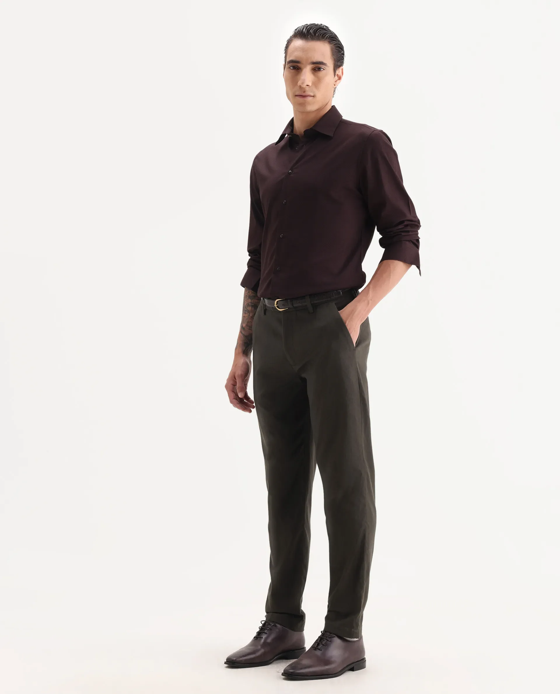 Rare Rabbit Men Jes-Aw25 Dark Olive Cotton Fabric Button Closure Plain Trouser - Image 4