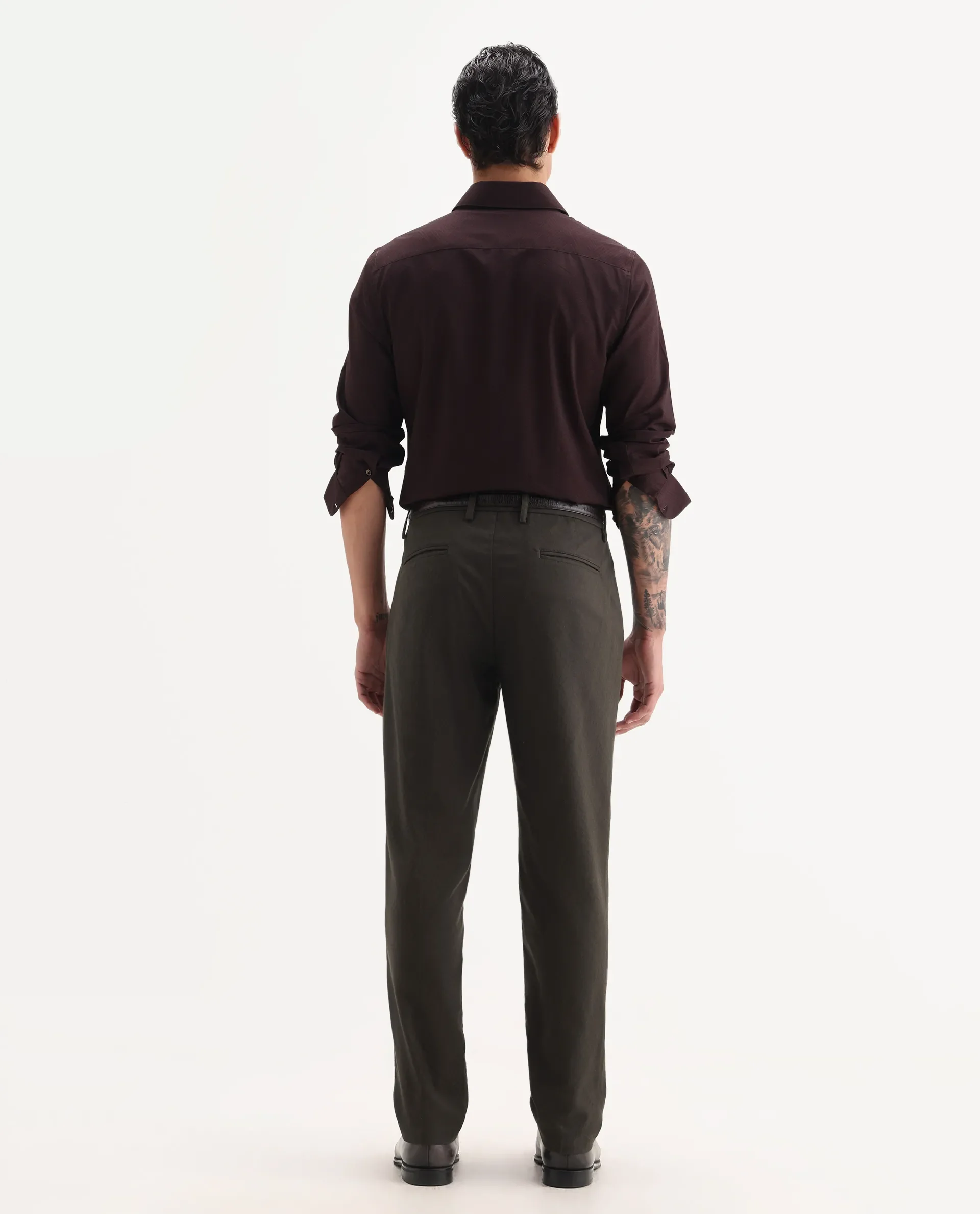 Rare Rabbit Men Jes-Aw25 Dark Olive Cotton Fabric Button Closure Plain Trouser - Image 6