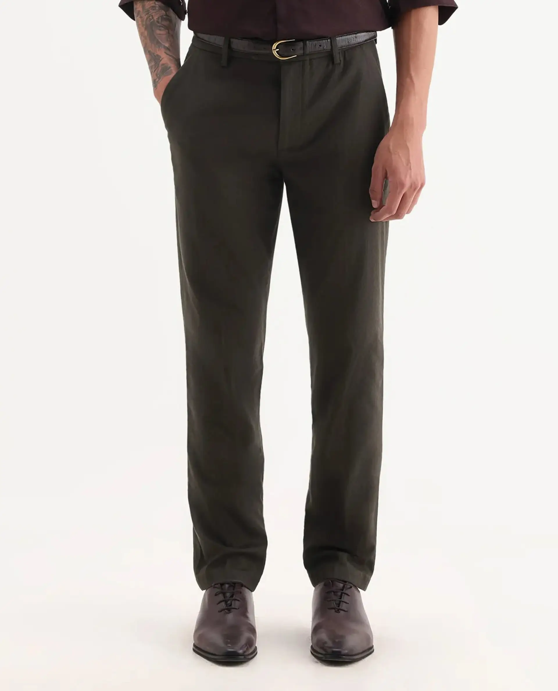 Rare Rabbit Men Jes-Aw25 Dark Olive Cotton Fabric Button Closure Plain Trouser - Image 7