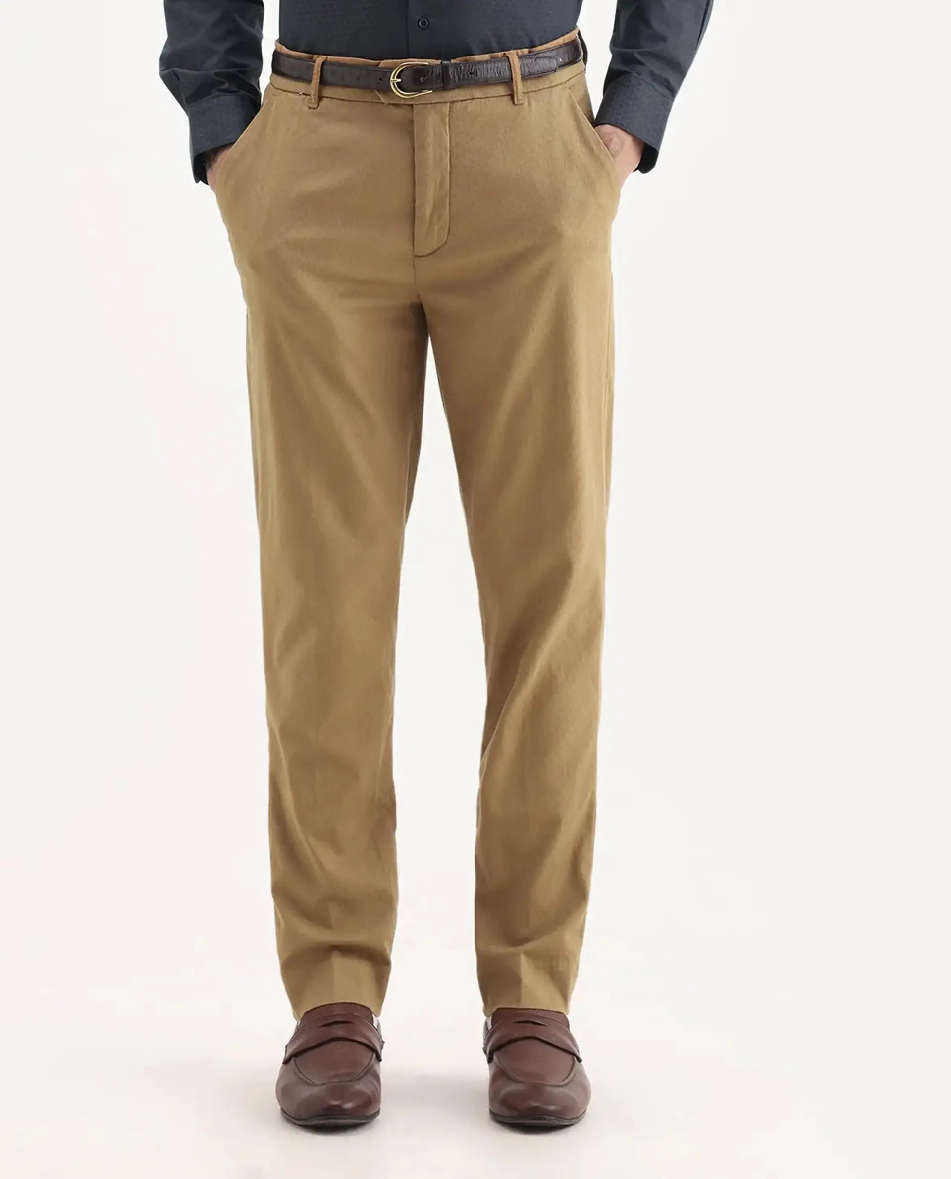 Rare Rabbit Men's Jes Khaki Cotton Blend Jacquard Relaxed Fit Trouser - Image 9