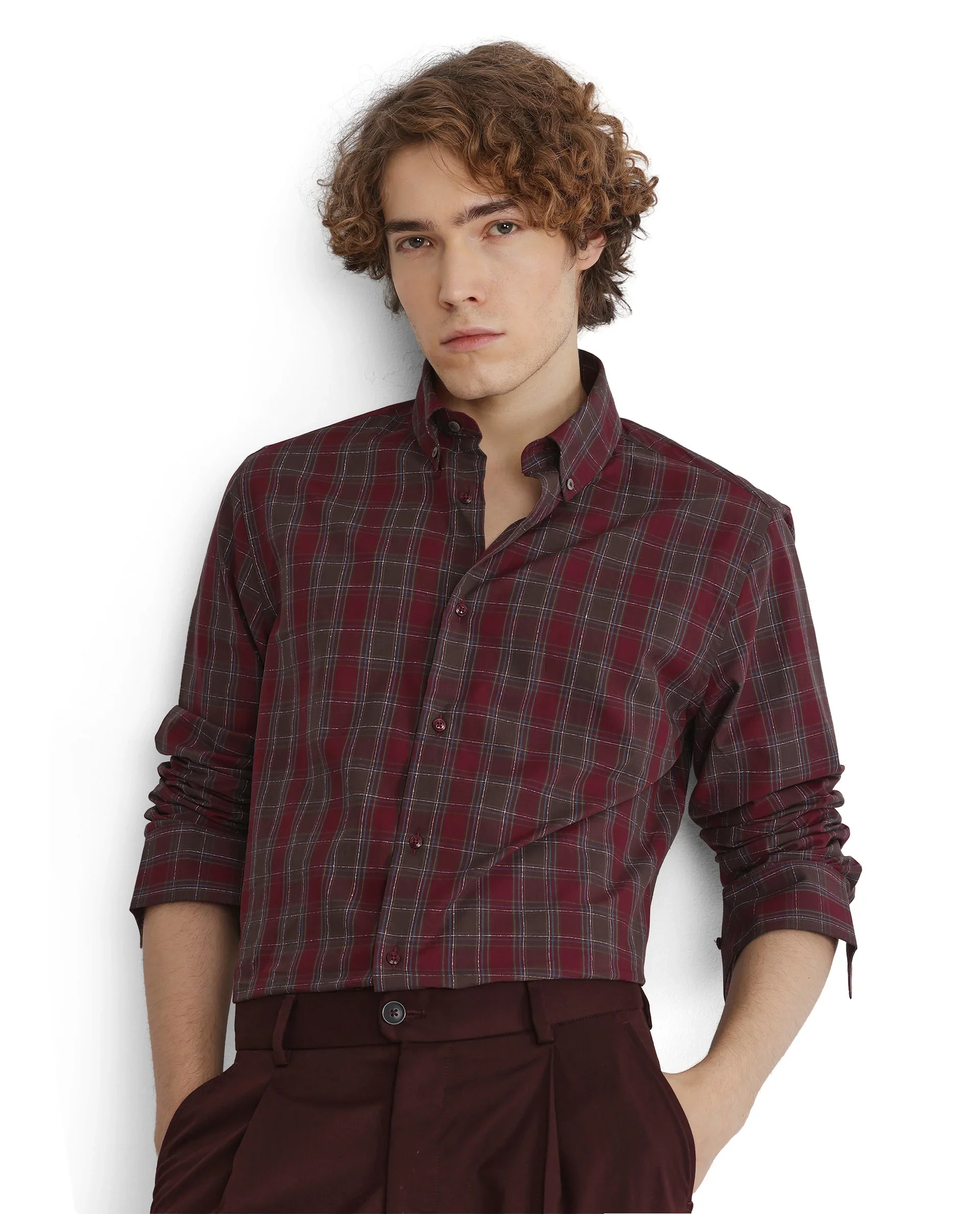 Rare Rabbit Men's Jessen Red Checked Print Regular Fit Full Sleeve Collared Shirt - Image 2