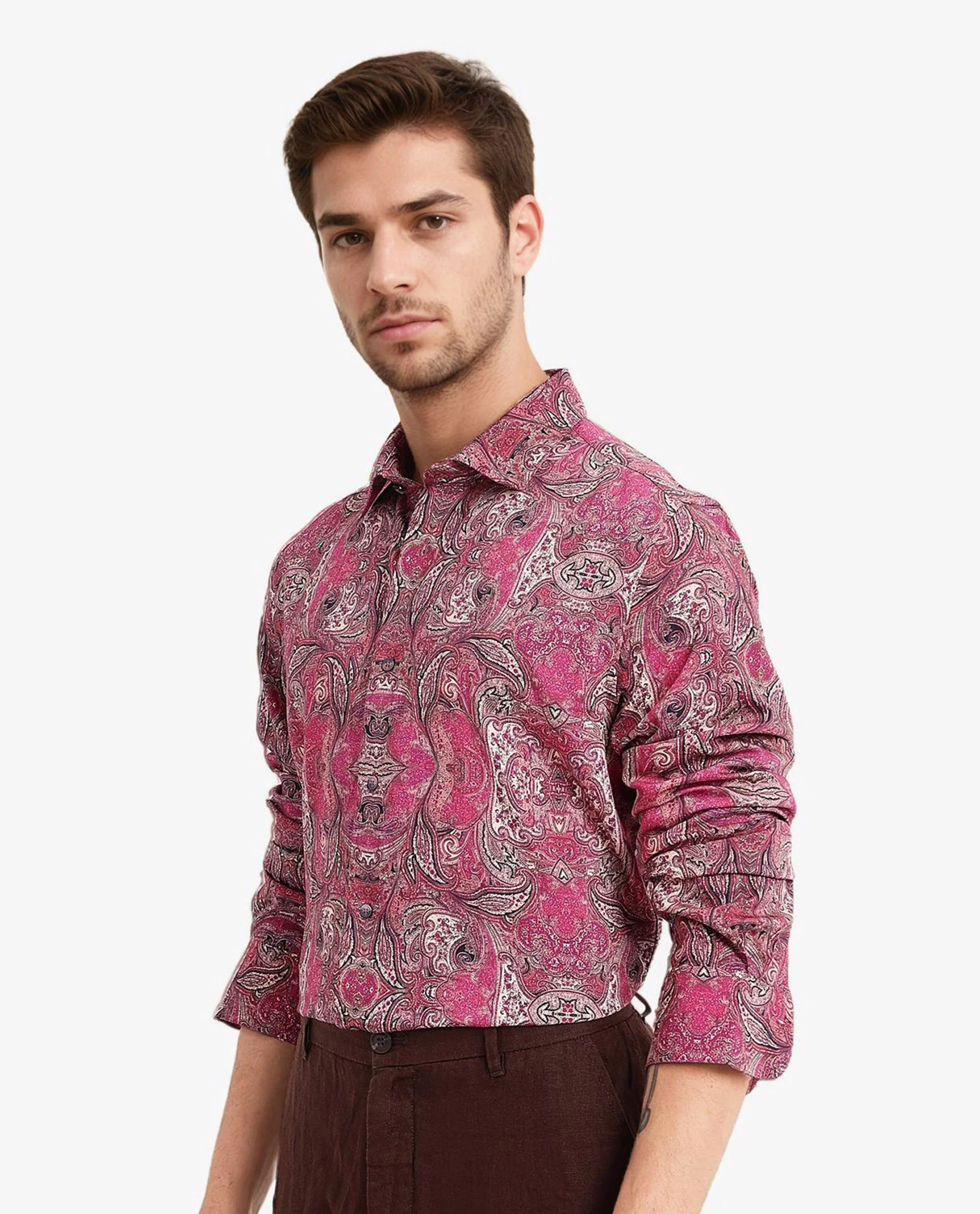 Rare Rabbit Men's Jeto Dark Pink Viscose Paisley Print Regular Fit Full Sleeve Collared Shirt - Image 6