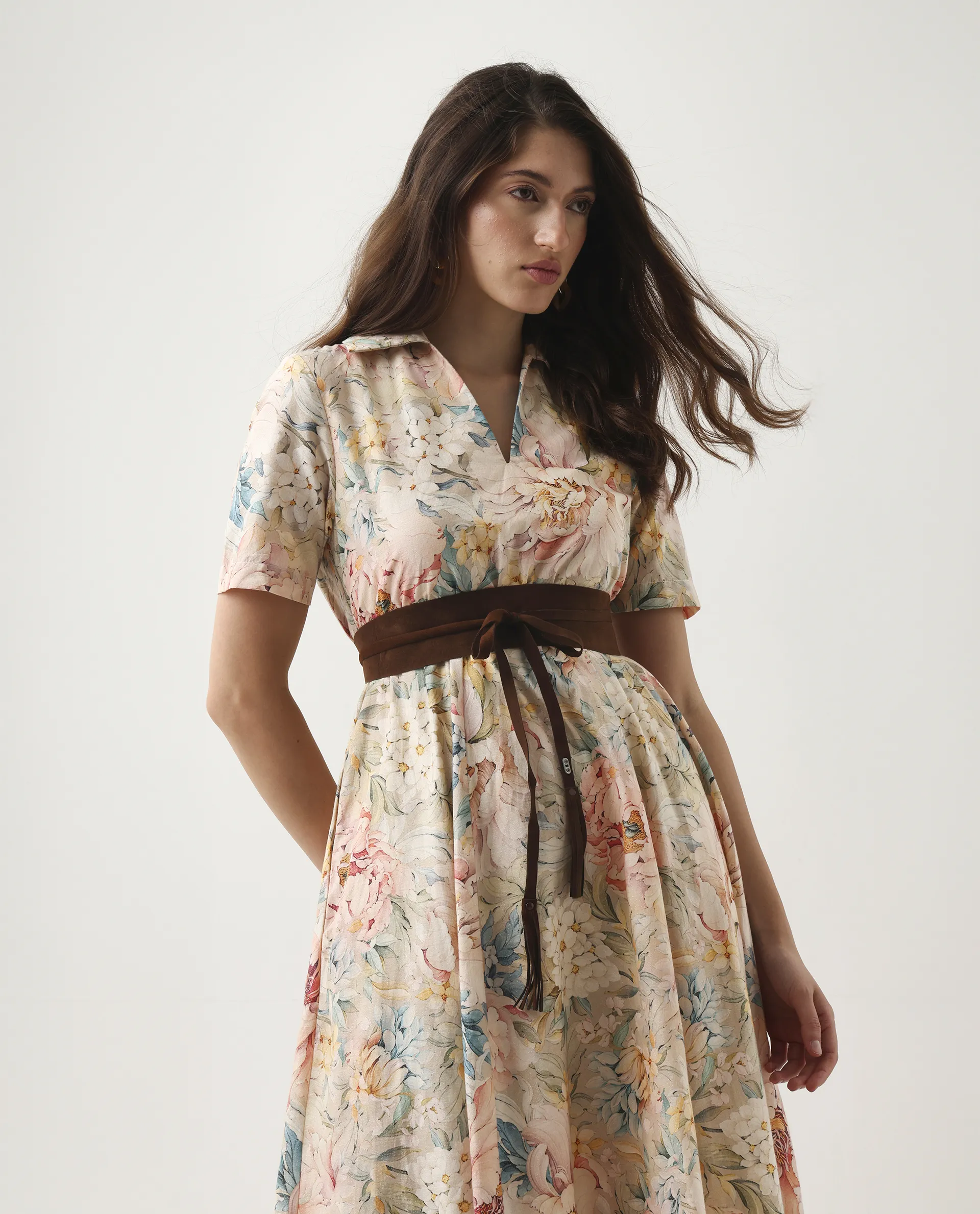 Rareism Women's Jetto Light Multi Cotton Collared Neck Fit And Flare Printed Midi Dress