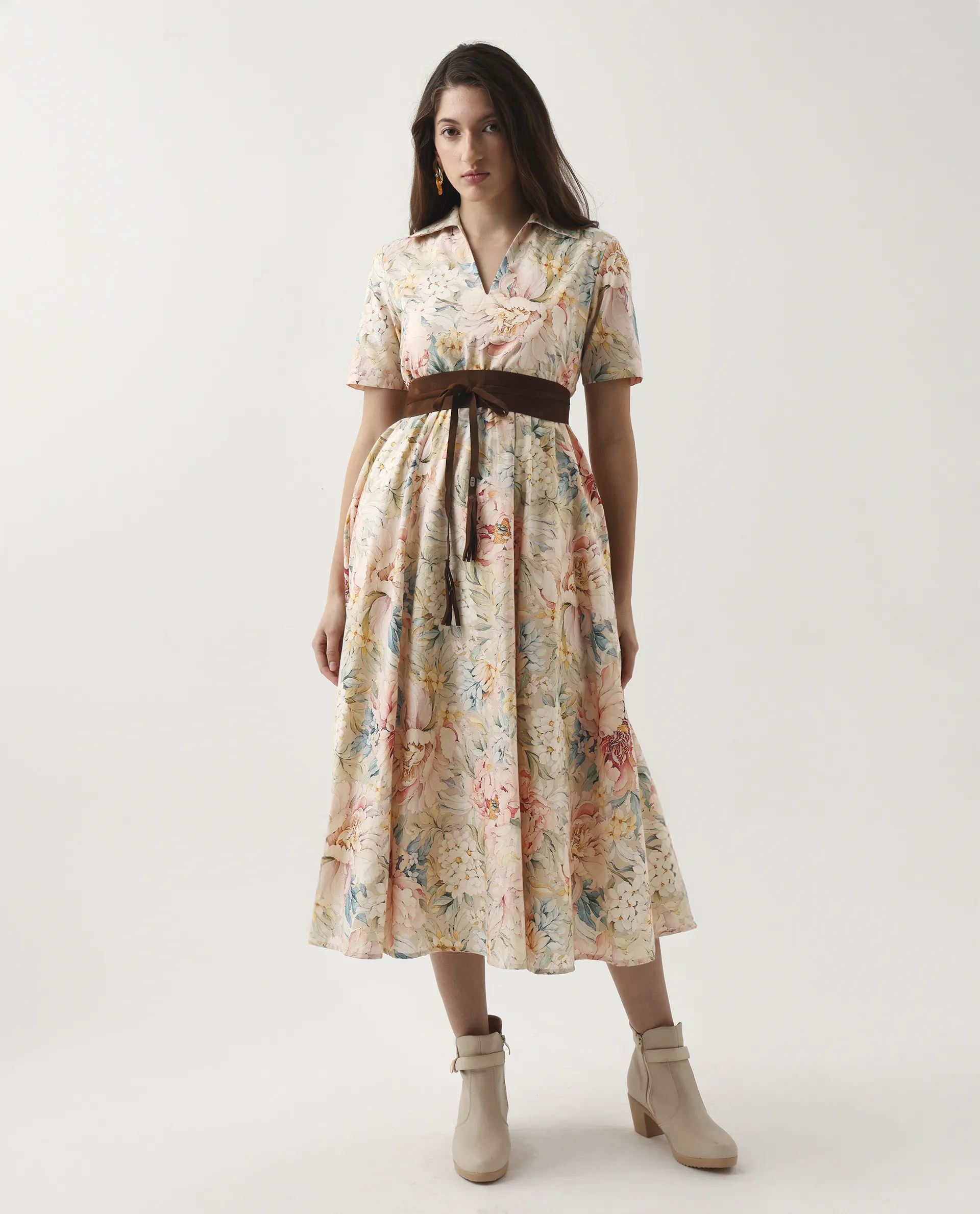 Rareism Women's Jetto Light Multi Cotton Collared Neck Fit And Flare Printed Midi Dress - Image 2