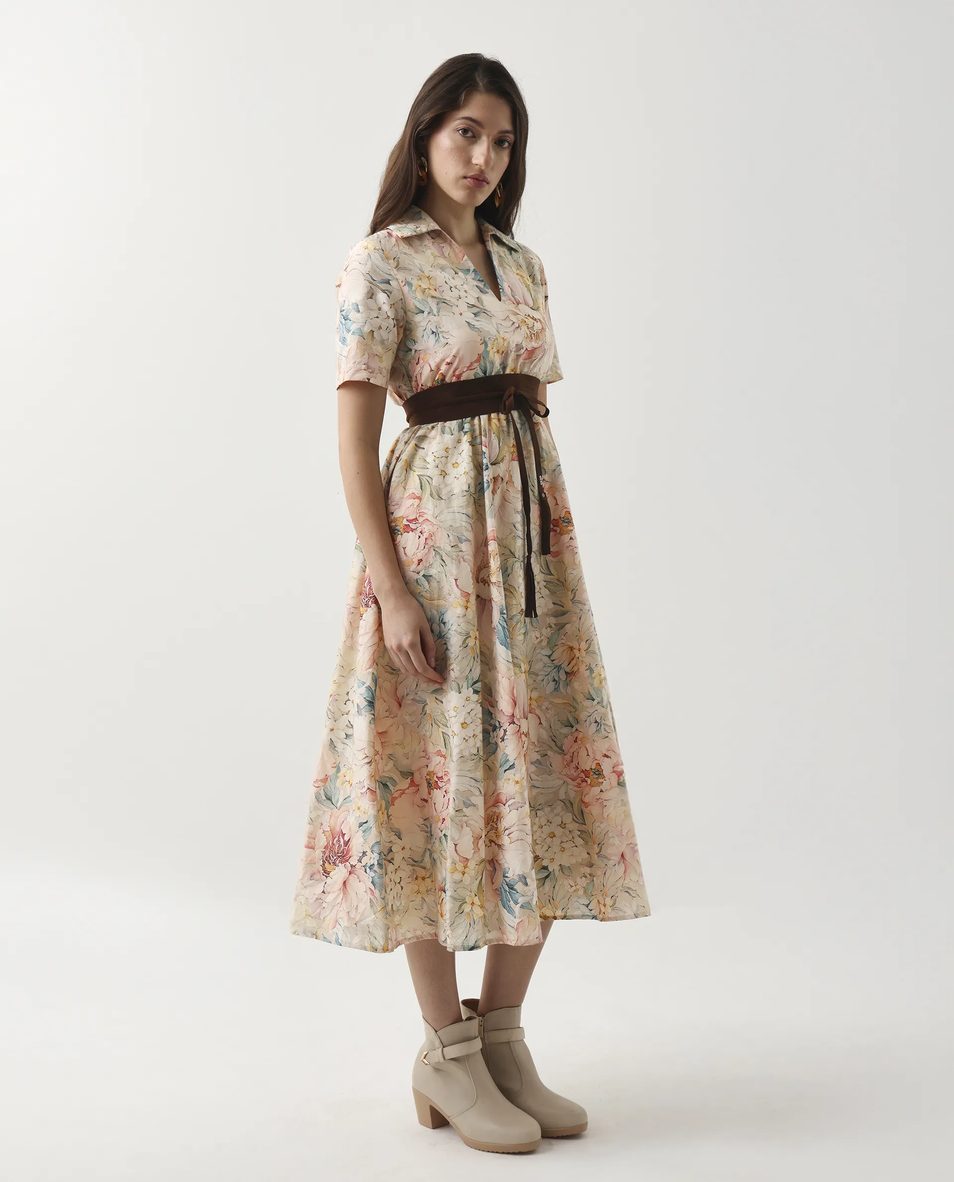 Rareism Women's Jetto Light Multi Cotton Collared Neck Fit And Flare Printed Midi Dress - Image 5