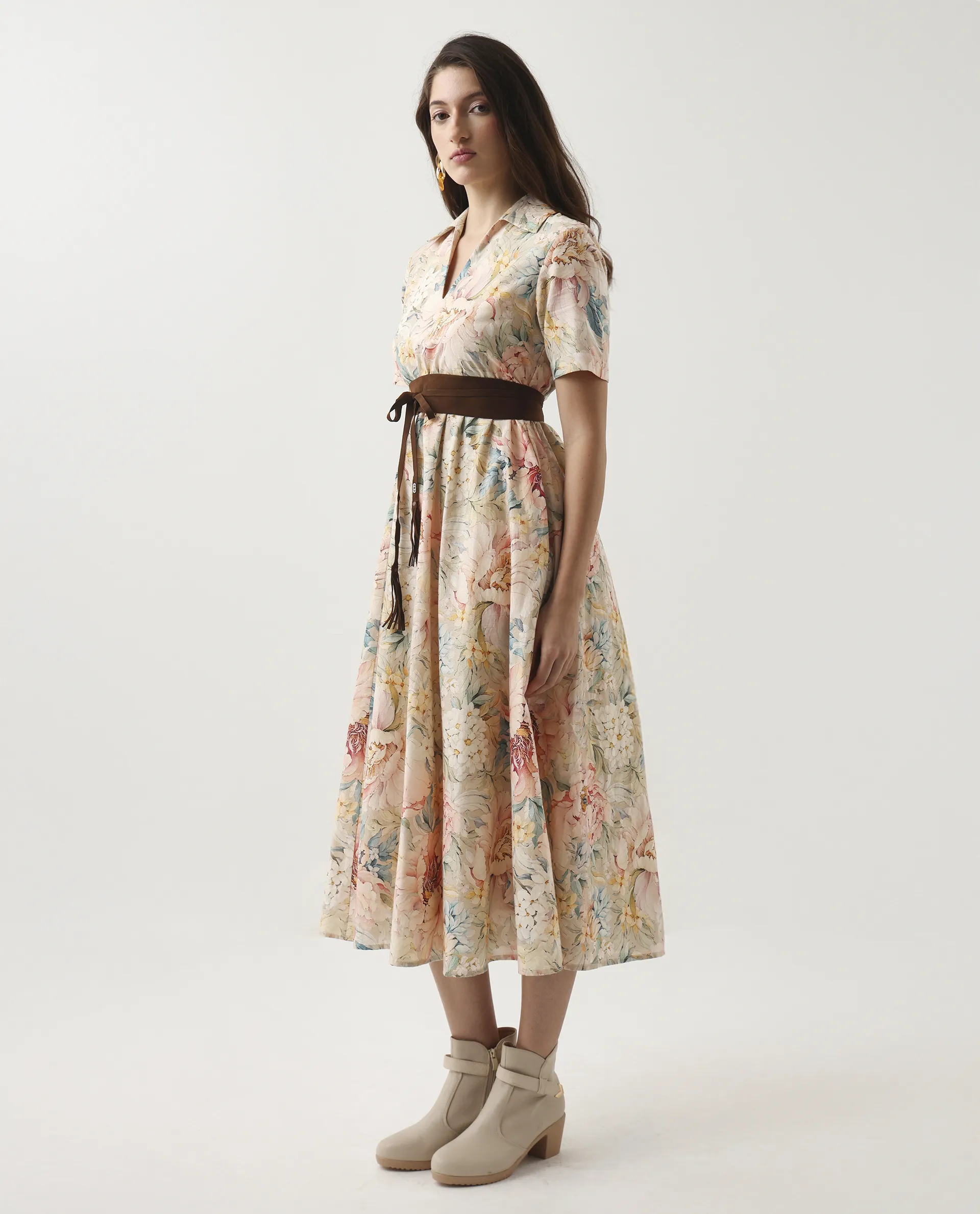 Rareism Women's Jetto Light Multi Cotton Collared Neck Fit And Flare Printed Midi Dress - Image 6