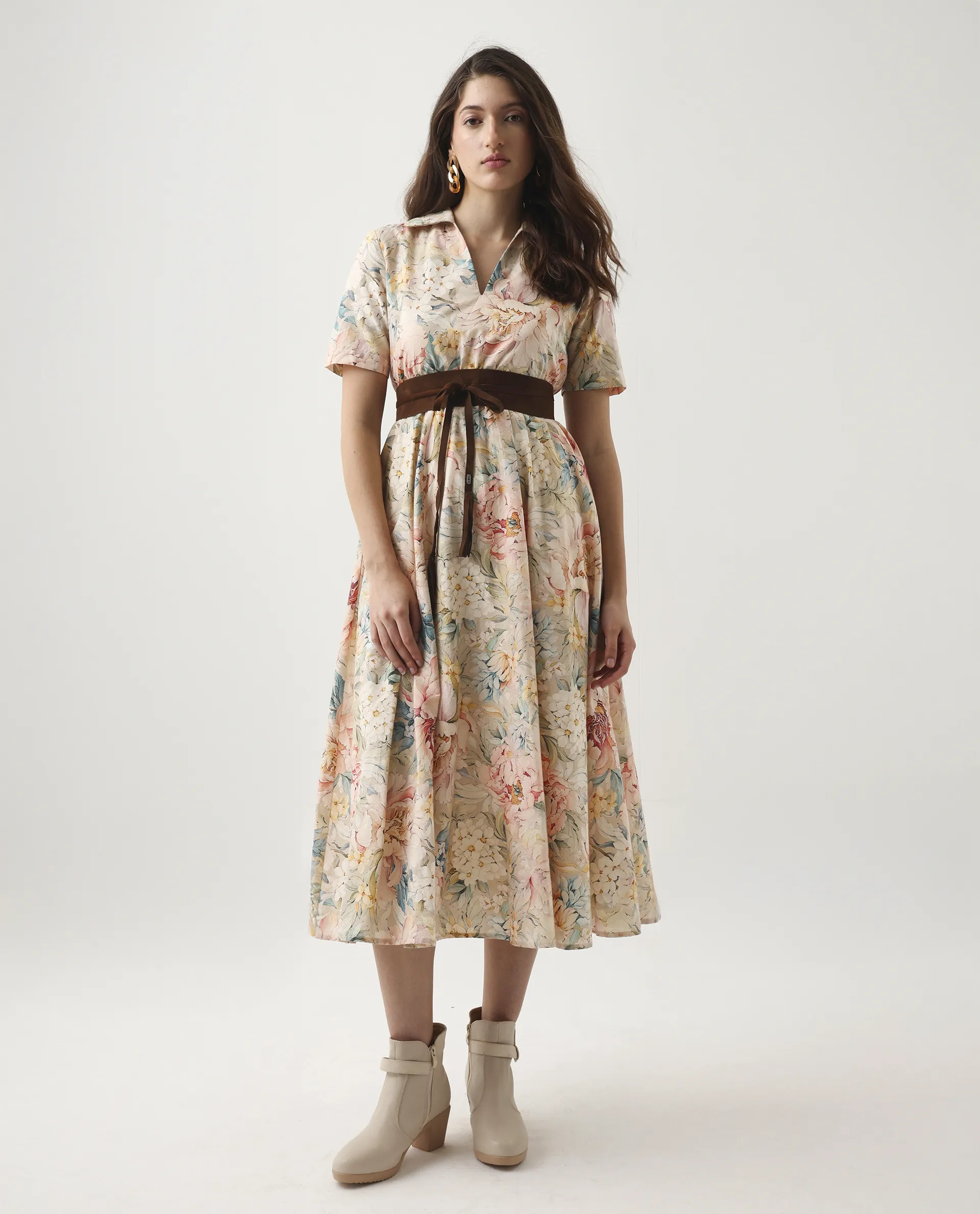 Rareism Women's Jetto Light Multi Cotton Collared Neck Fit And Flare Printed Midi Dress - Image 7