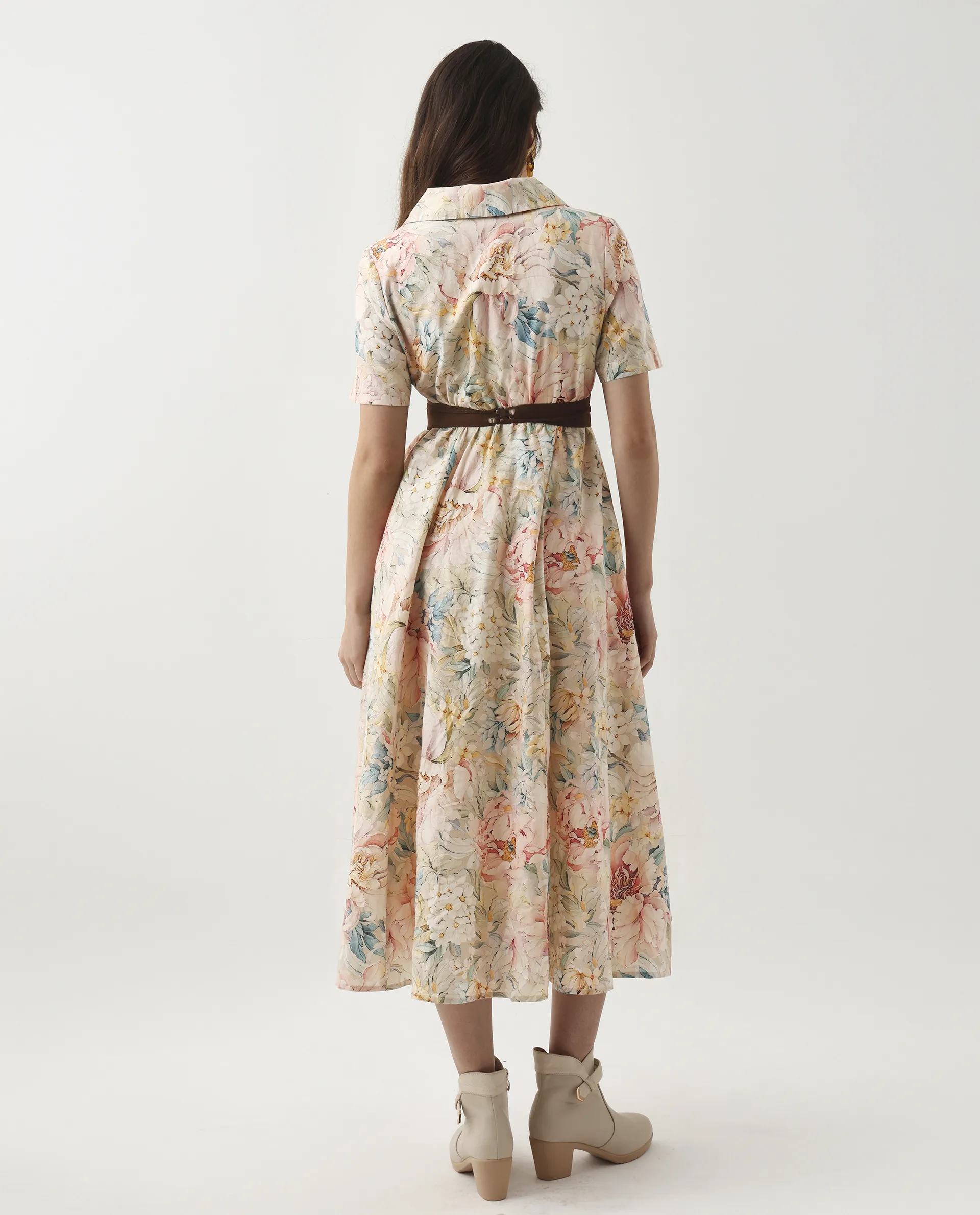 Rareism Women's Jetto Light Multi Cotton Collared Neck Fit And Flare Printed Midi Dress - Image 8