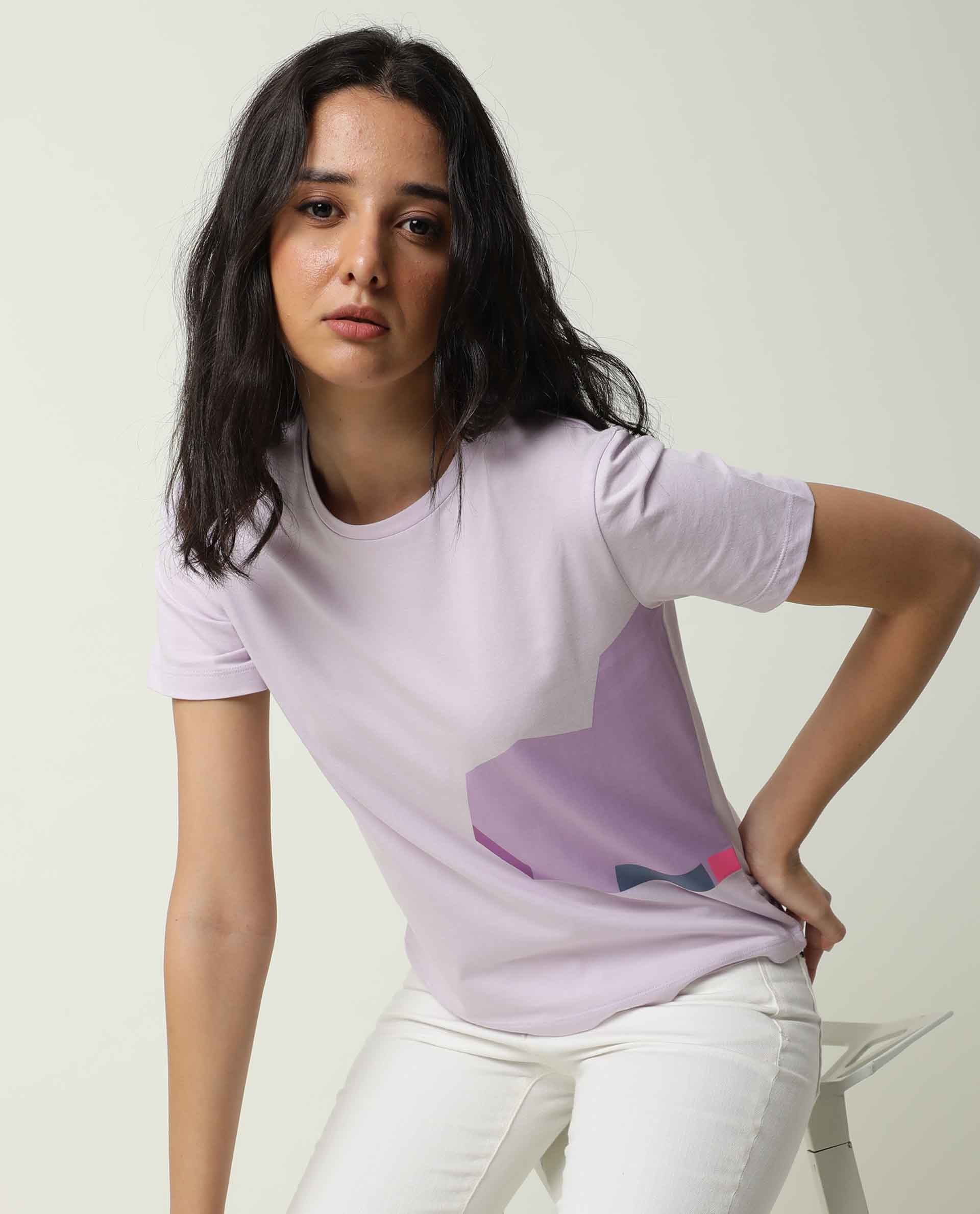 Rareism Women's Jeweli Pink Cotton Crew Neck Graphic Print Regular Fit T-Shirt