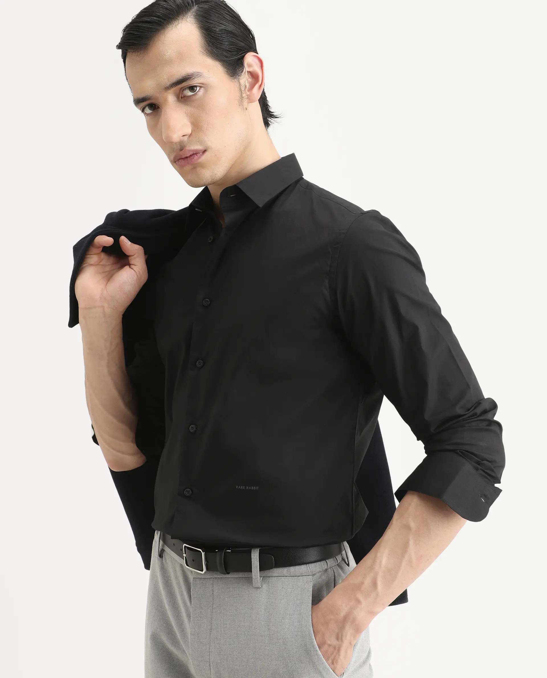 Rare Rabbit Men's Jewto Black Cotton Blend Fabric Full Sleeve Spread Collar Regular Fit Plain Shirt