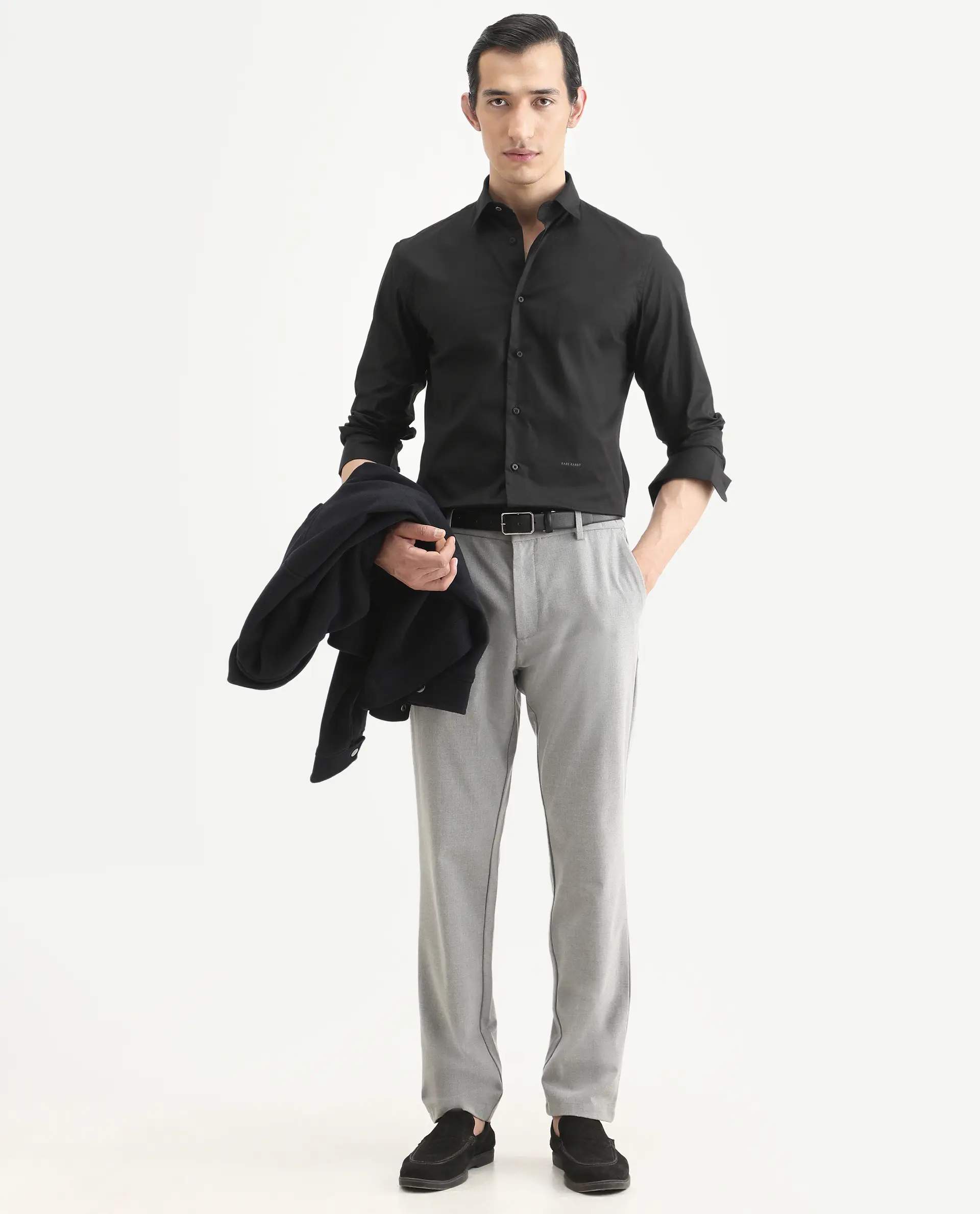 Rare Rabbit Men's Jewto Black Cotton Blend Fabric Full Sleeve Spread Collar Regular Fit Plain Shirt - Image 2
