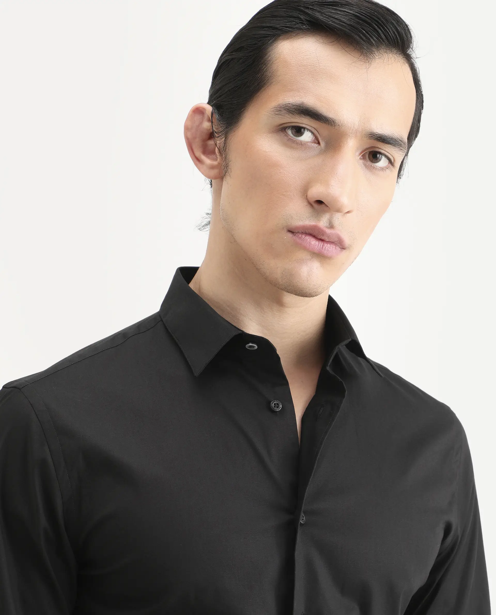 Rare Rabbit Men's Jewto Black Cotton Blend Fabric Full Sleeve Spread Collar Regular Fit Plain Shirt - Image 3