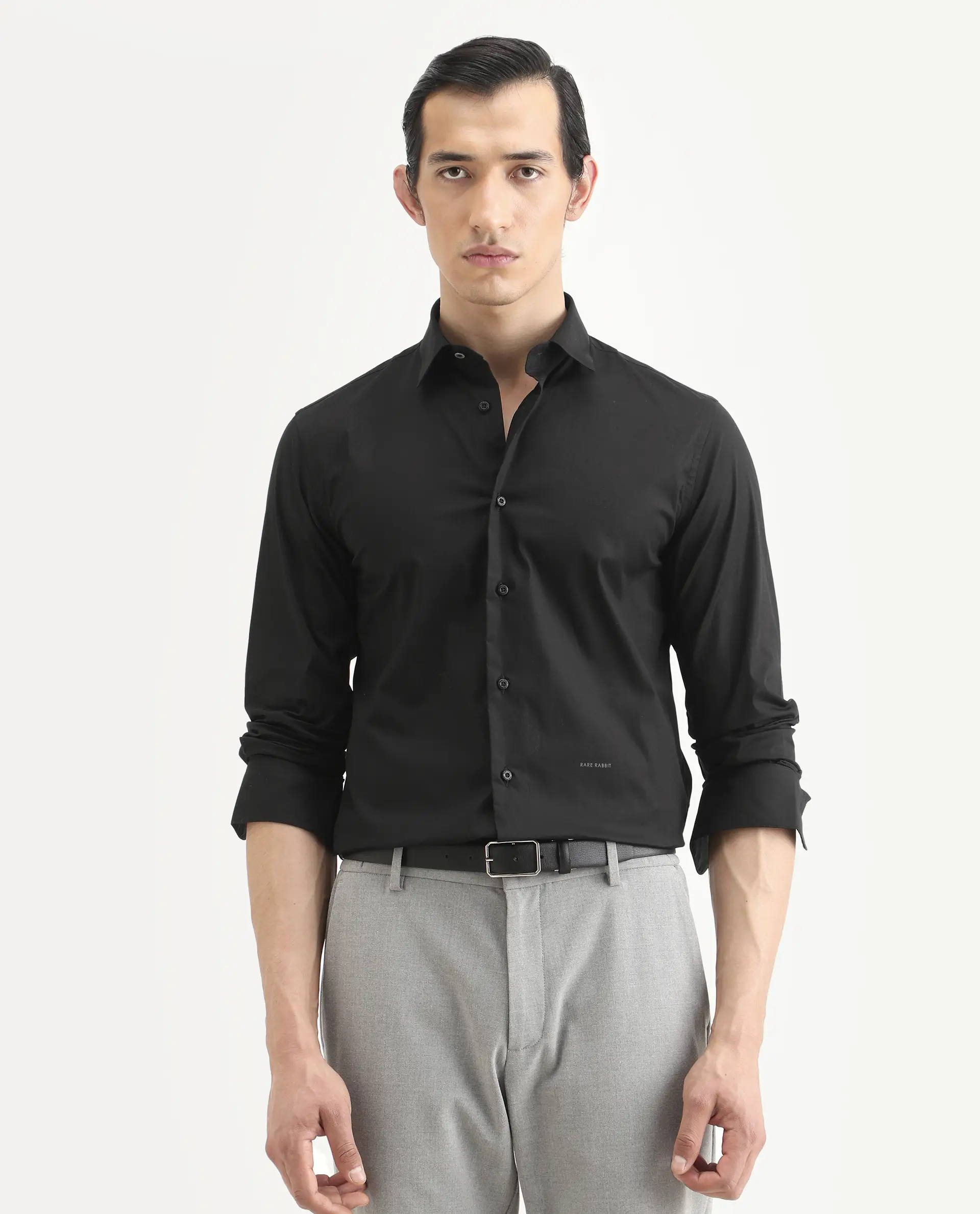 Rare Rabbit Men's Jewto Black Cotton Blend Fabric Full Sleeve Spread Collar Regular Fit Plain Shirt - Image 4
