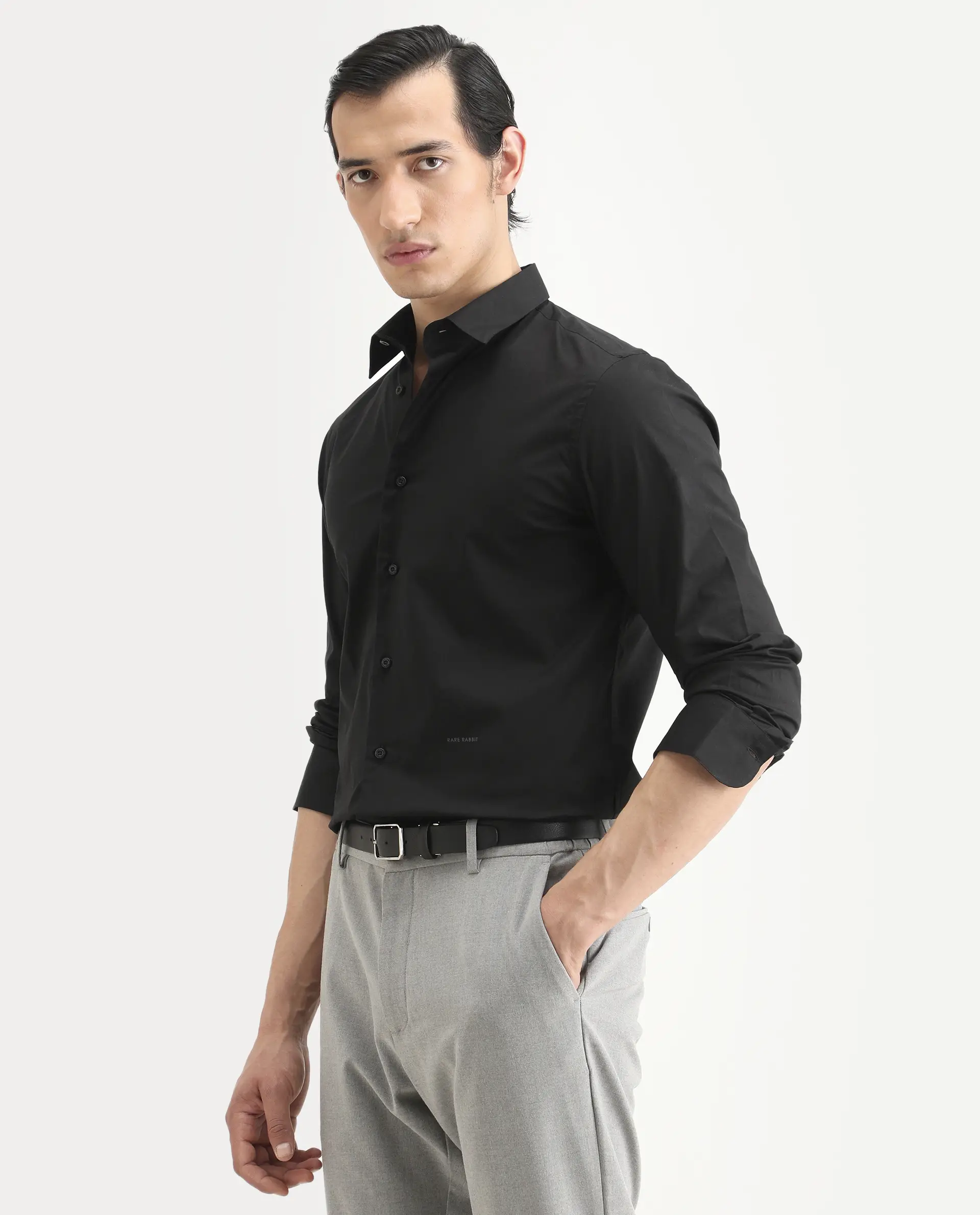 Rare Rabbit Men's Jewto Black Cotton Blend Fabric Full Sleeve Spread Collar Regular Fit Plain Shirt - Image 5